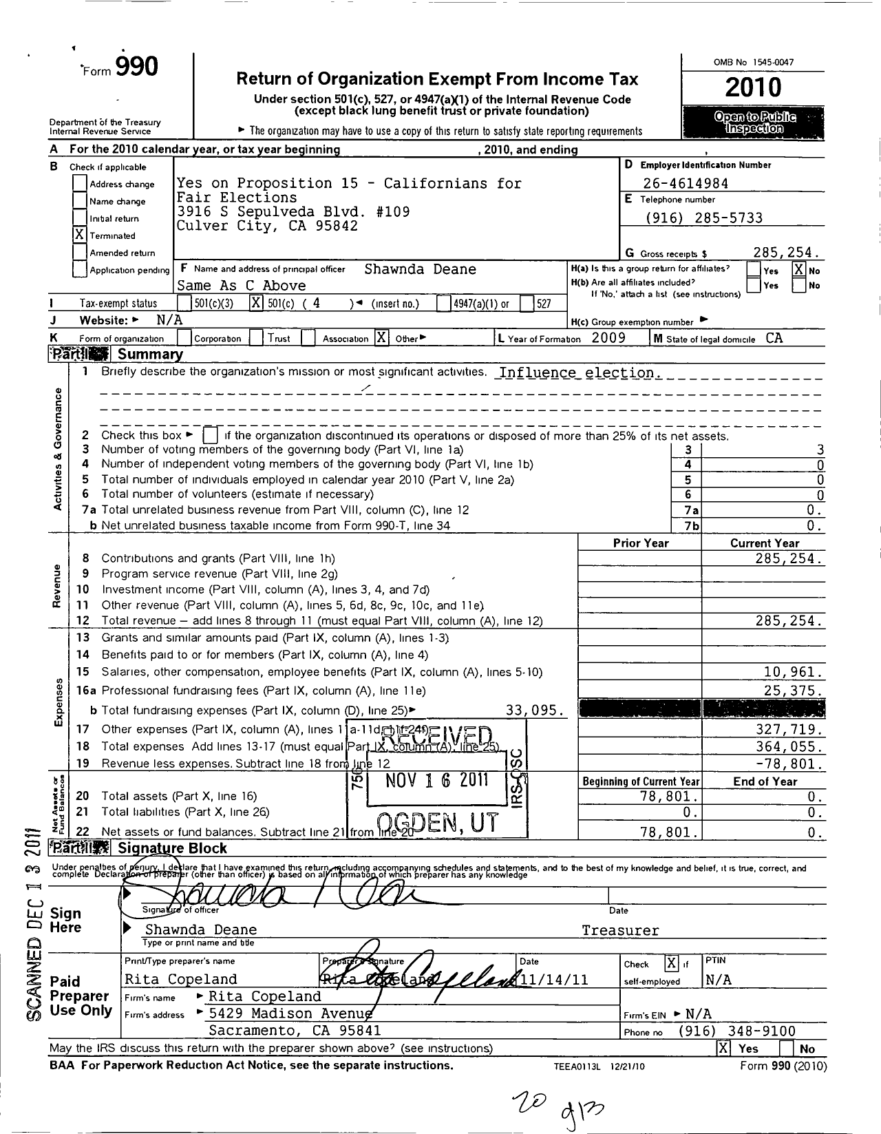 Image of first page of 2010 Form 990O for Californians for Fair Elections