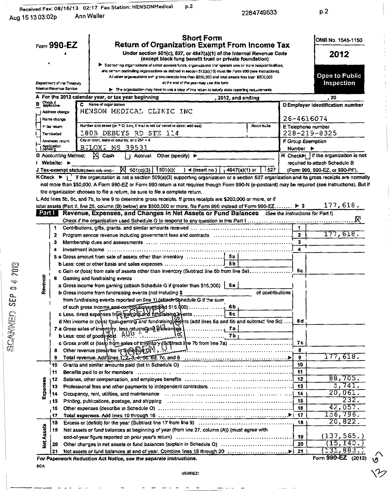 Image of first page of 2012 Form 990EZ for Henson Medical Clinic