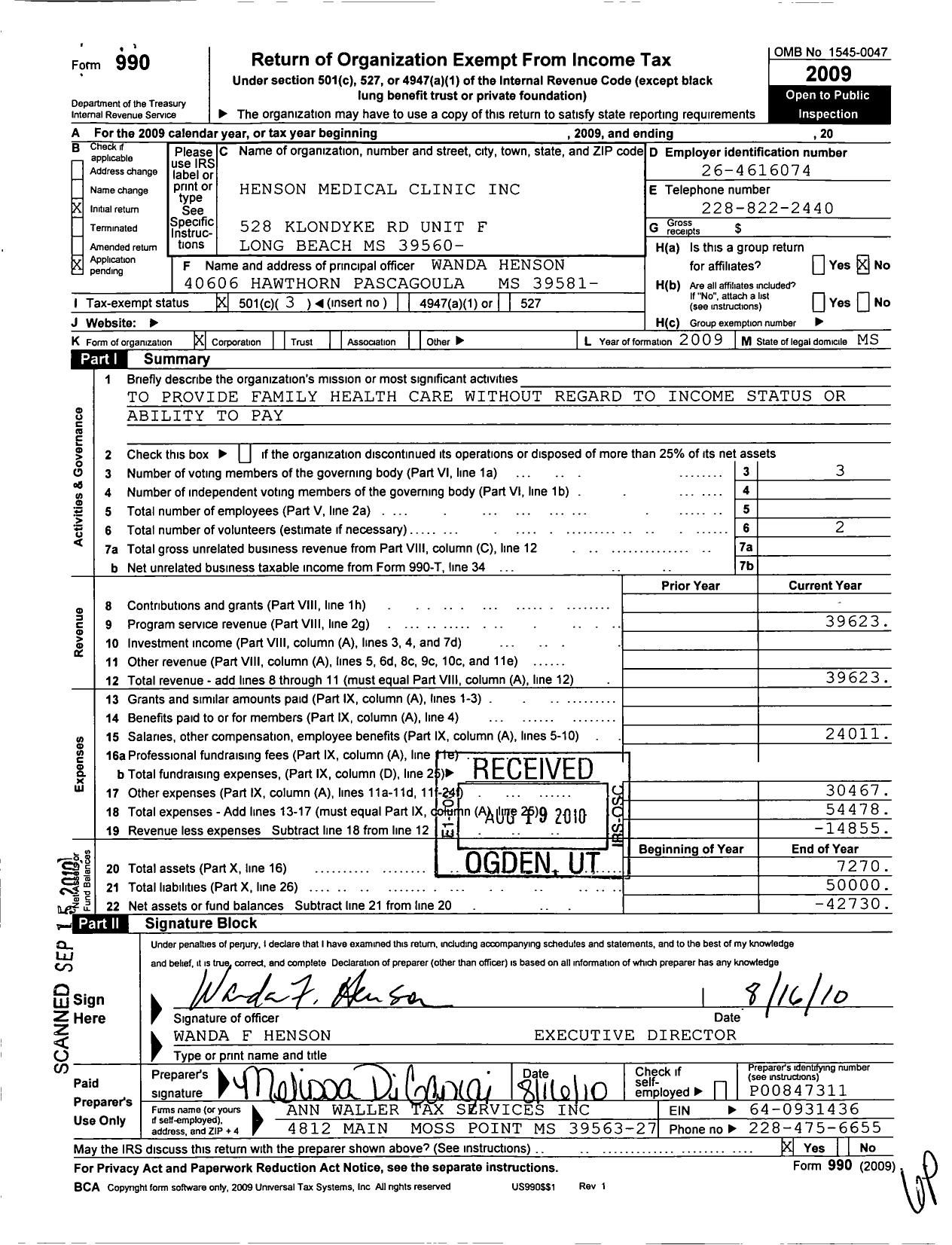 Image of first page of 2009 Form 990 for Henson Medical Clinic