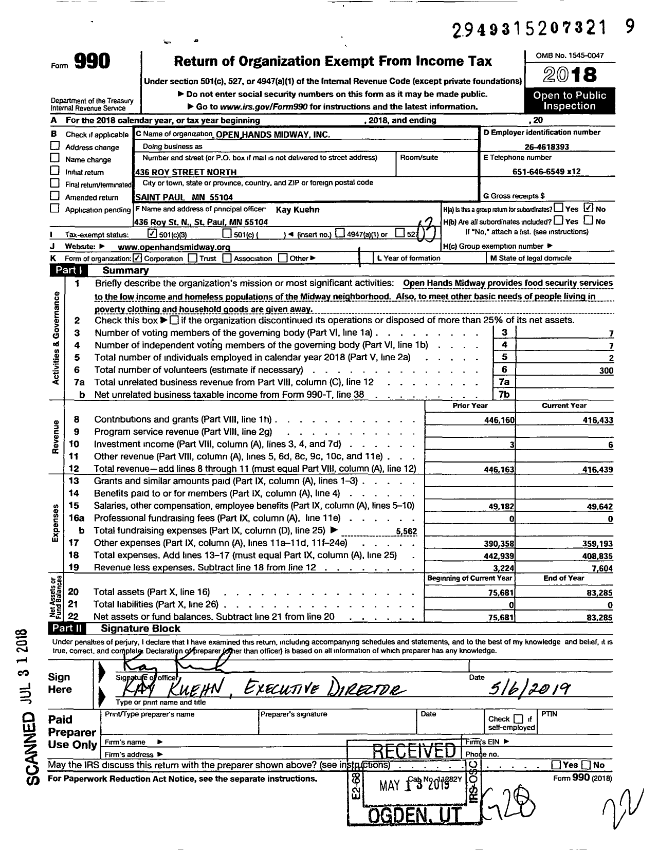 Image of first page of 2018 Form 990 for Open Hands Midway