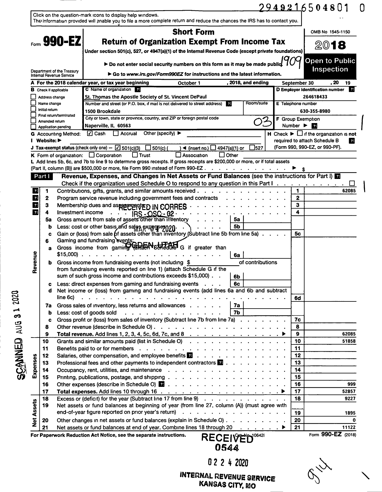 Image of first page of 2018 Form 990EZ for St Thomas the Apostle Conference