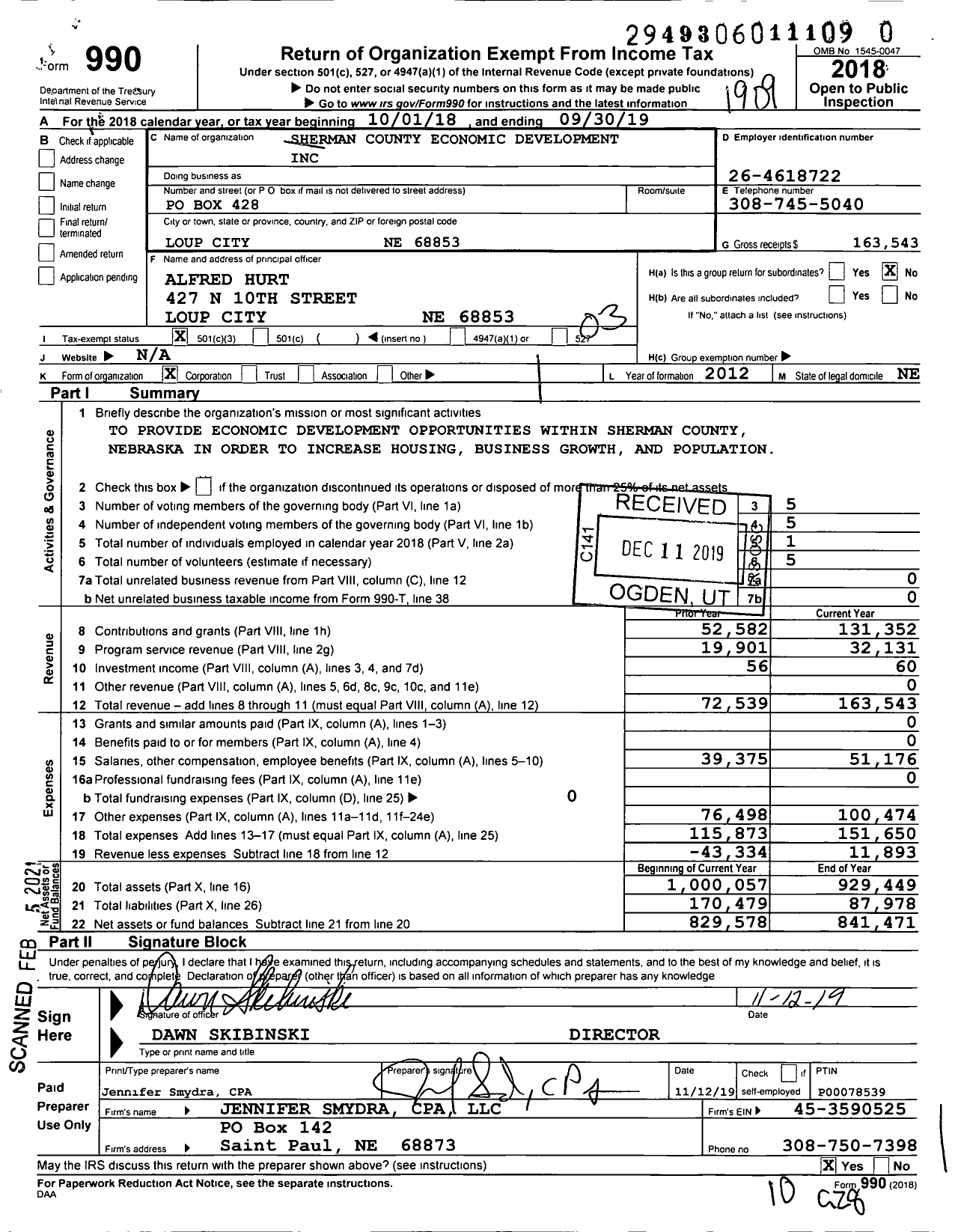 Image of first page of 2018 Form 990 for Sherman County Economic Development