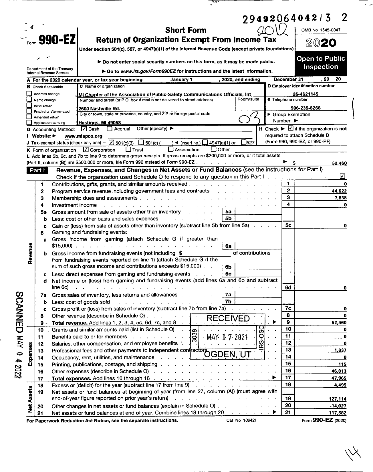 Image of first page of 2020 Form 990EZ for Michigan Chapter of the Association of Public