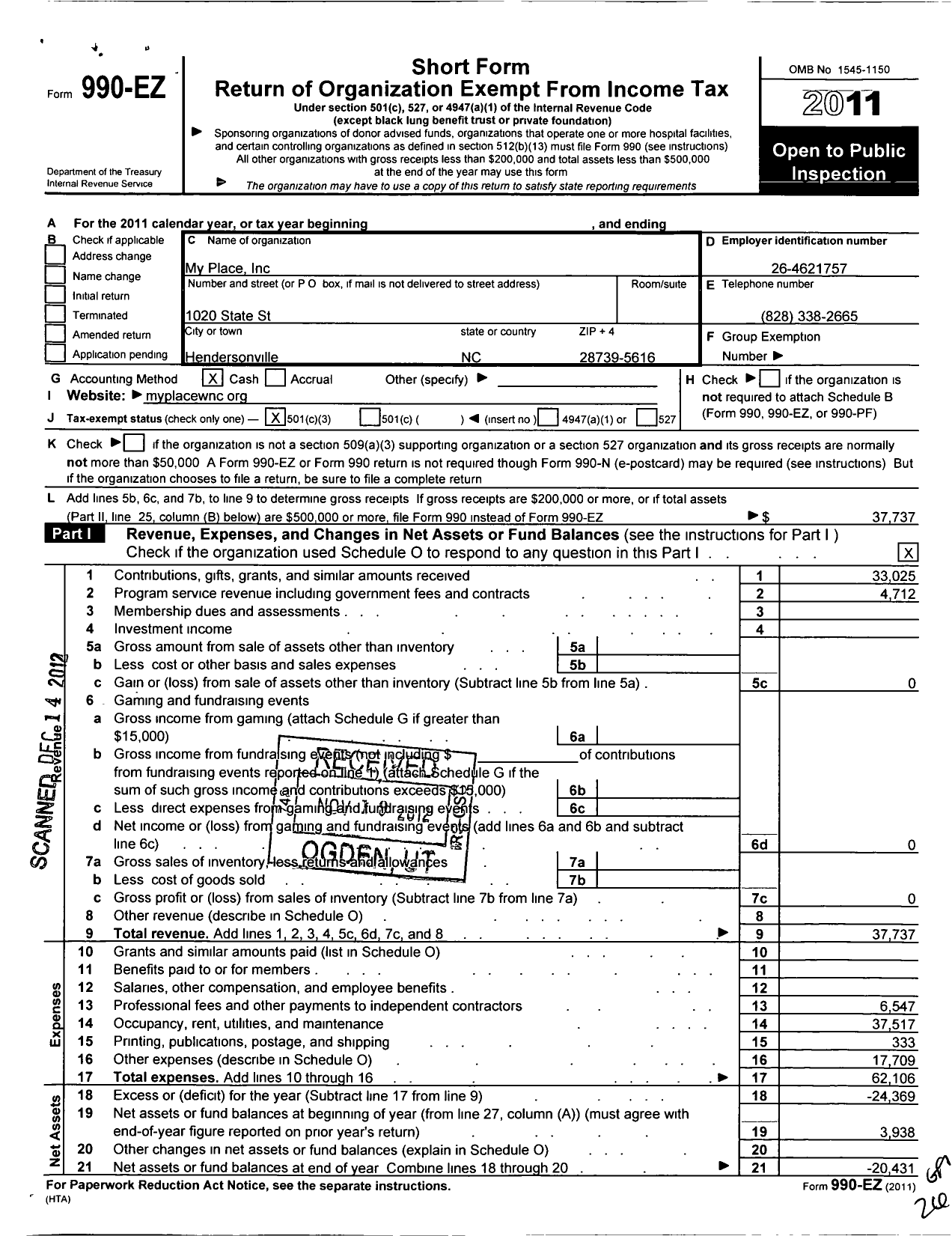 Image of first page of 2011 Form 990EZ for My Place