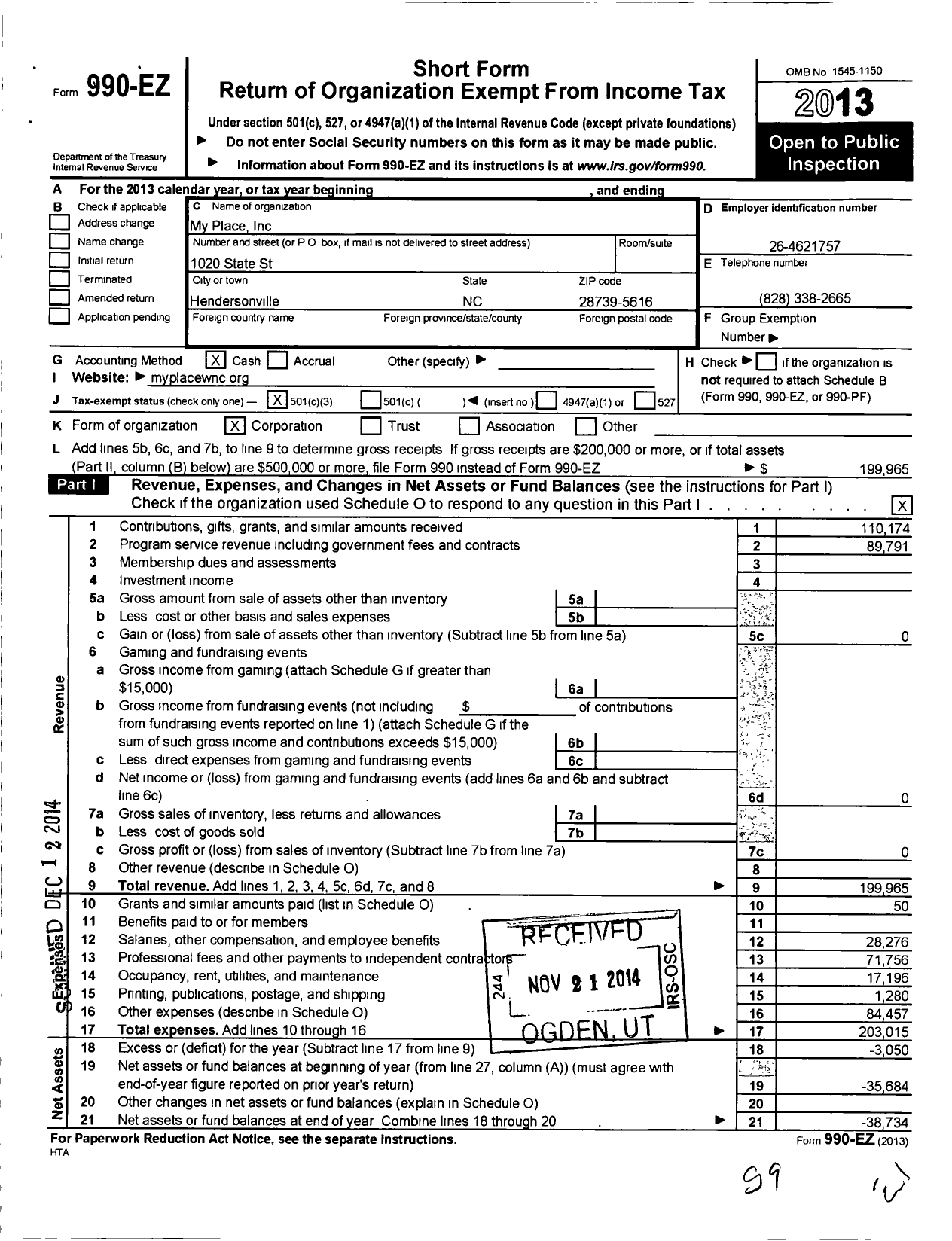 Image of first page of 2013 Form 990EZ for My Place