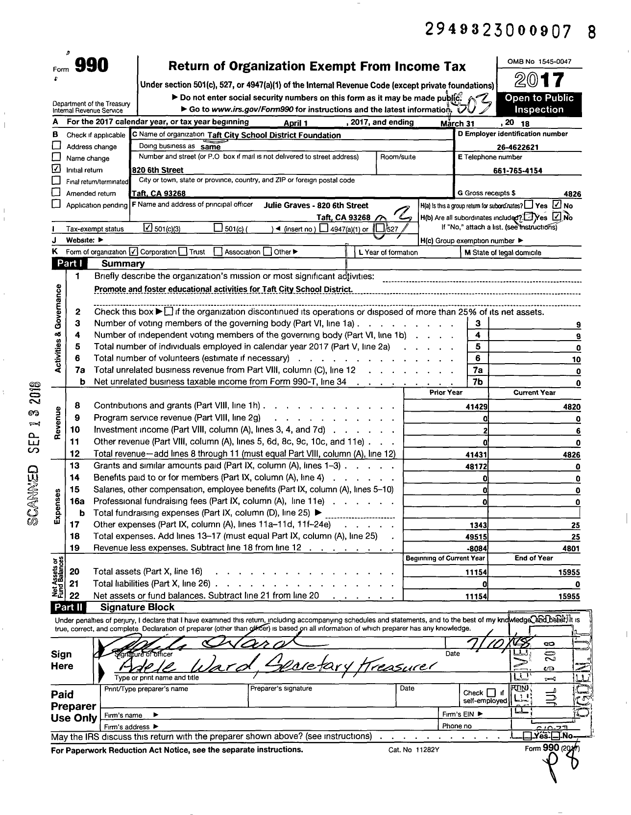 Image of first page of 2017 Form 990 for Taft City School District Foundation