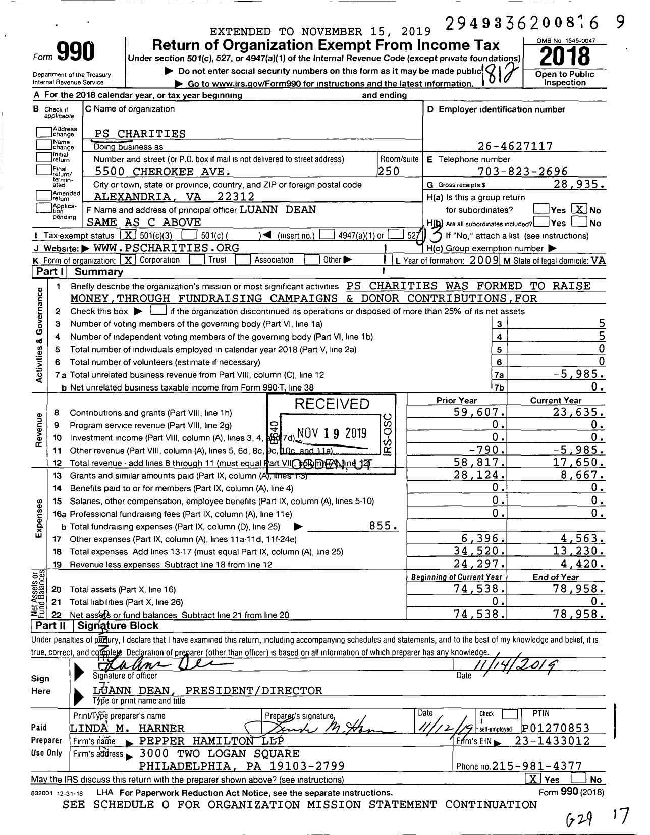 Image of first page of 2018 Form 990 for PS Charities