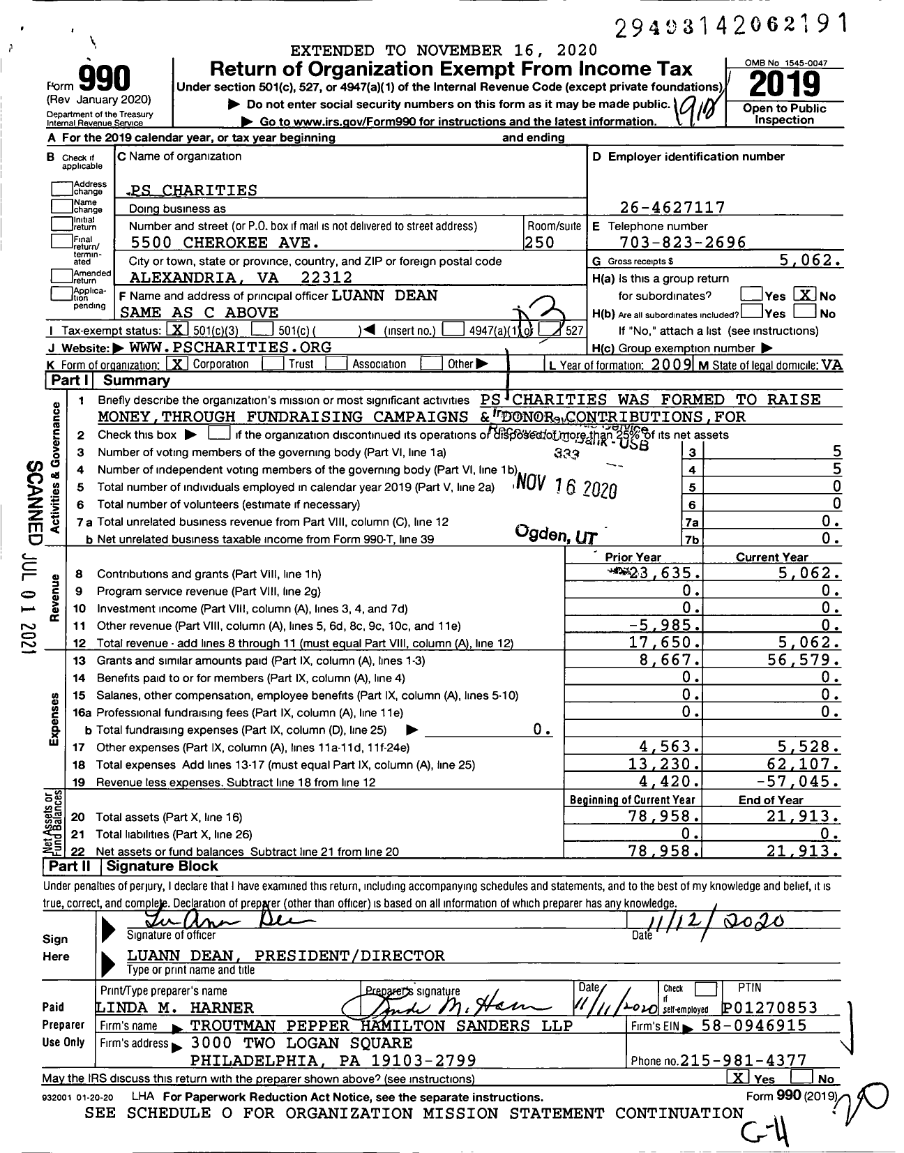 Image of first page of 2019 Form 990 for PS Charities