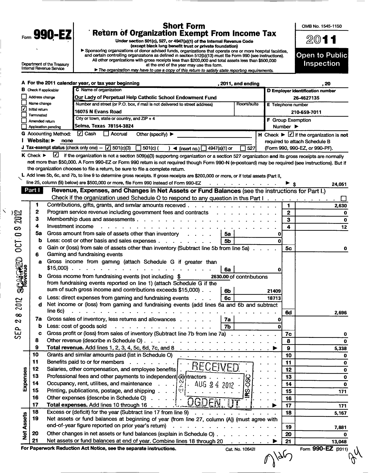 Image of first page of 2011 Form 990EZ for Our Lady of Perpetual Help School- Selma TX- Endowment Fund