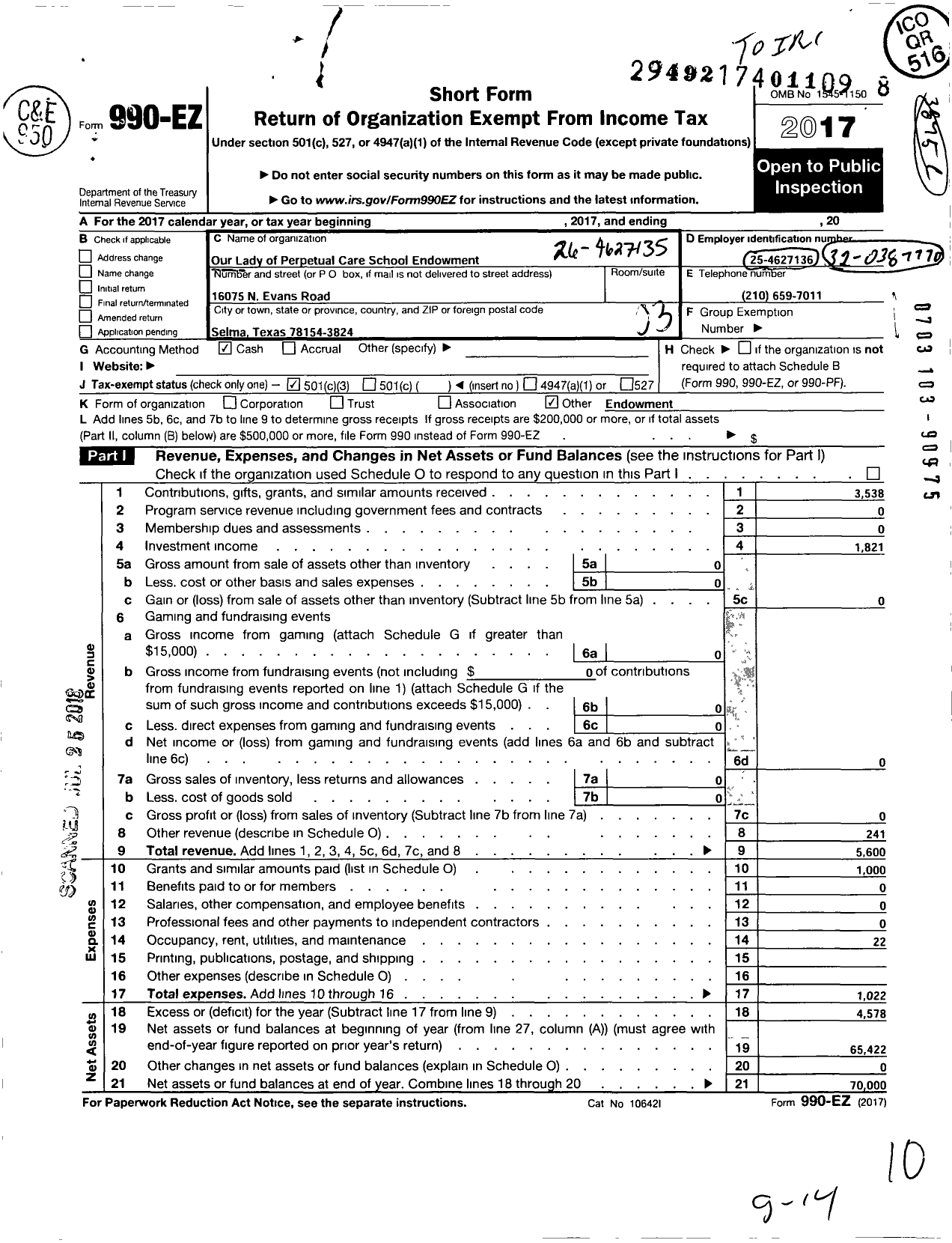 Image of first page of 2017 Form 990EZ for Our Lady of Perpetual Help School- Selma TX- Endowment Fund