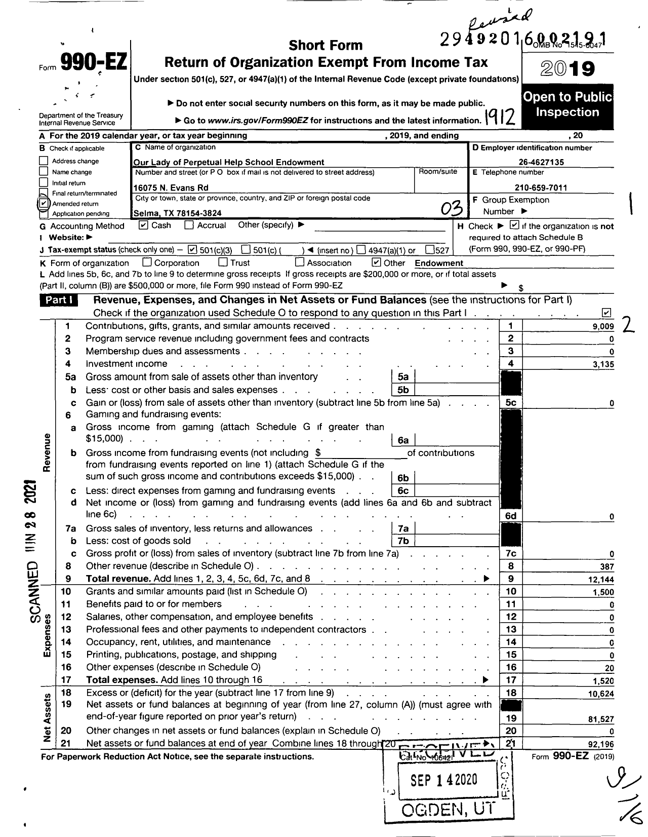 Image of first page of 2019 Form 990EZ for Our Lady of Perpetual Help School- Selma TX- Endowment Fund