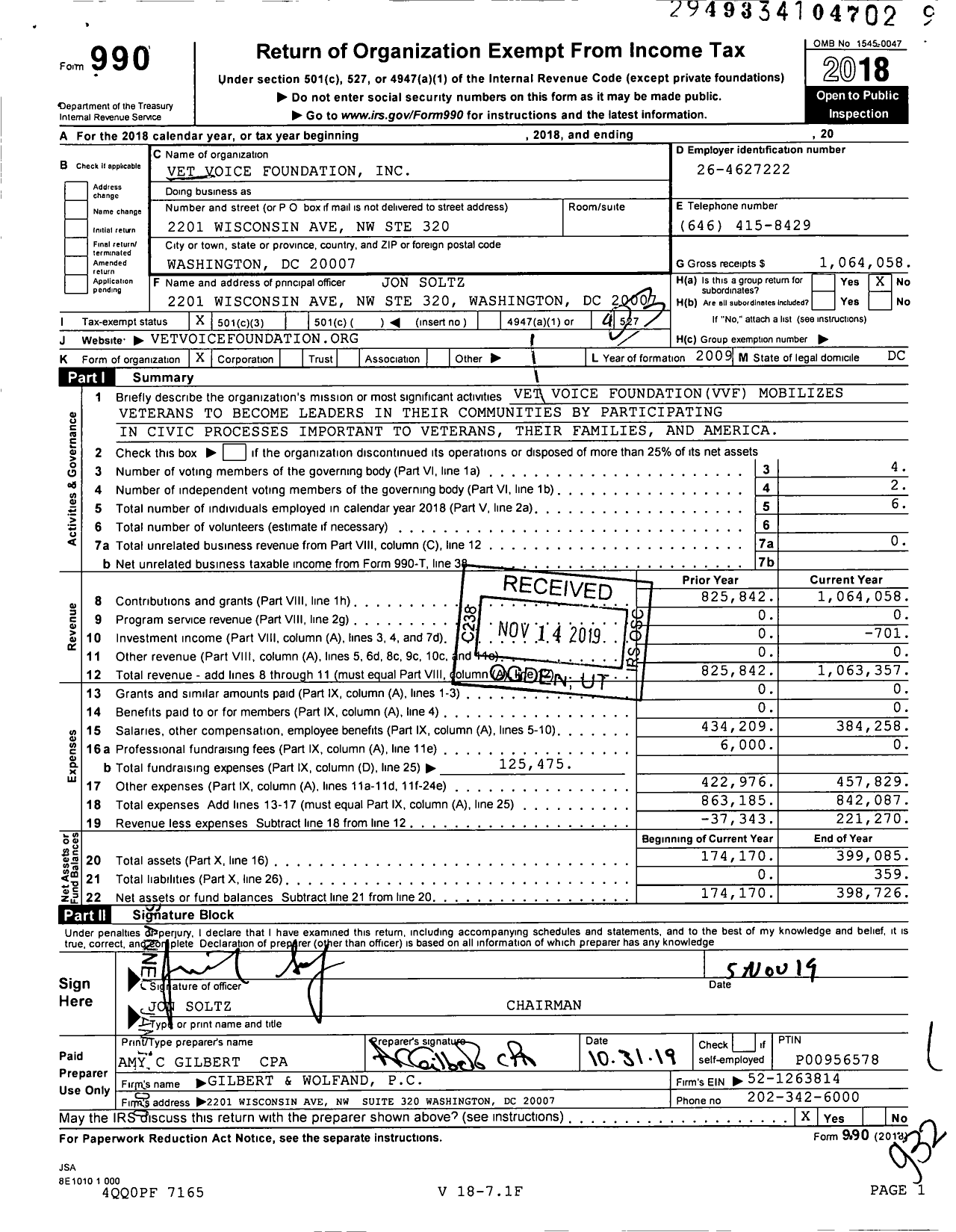 Image of first page of 2018 Form 990 for Vet Voice Foundation