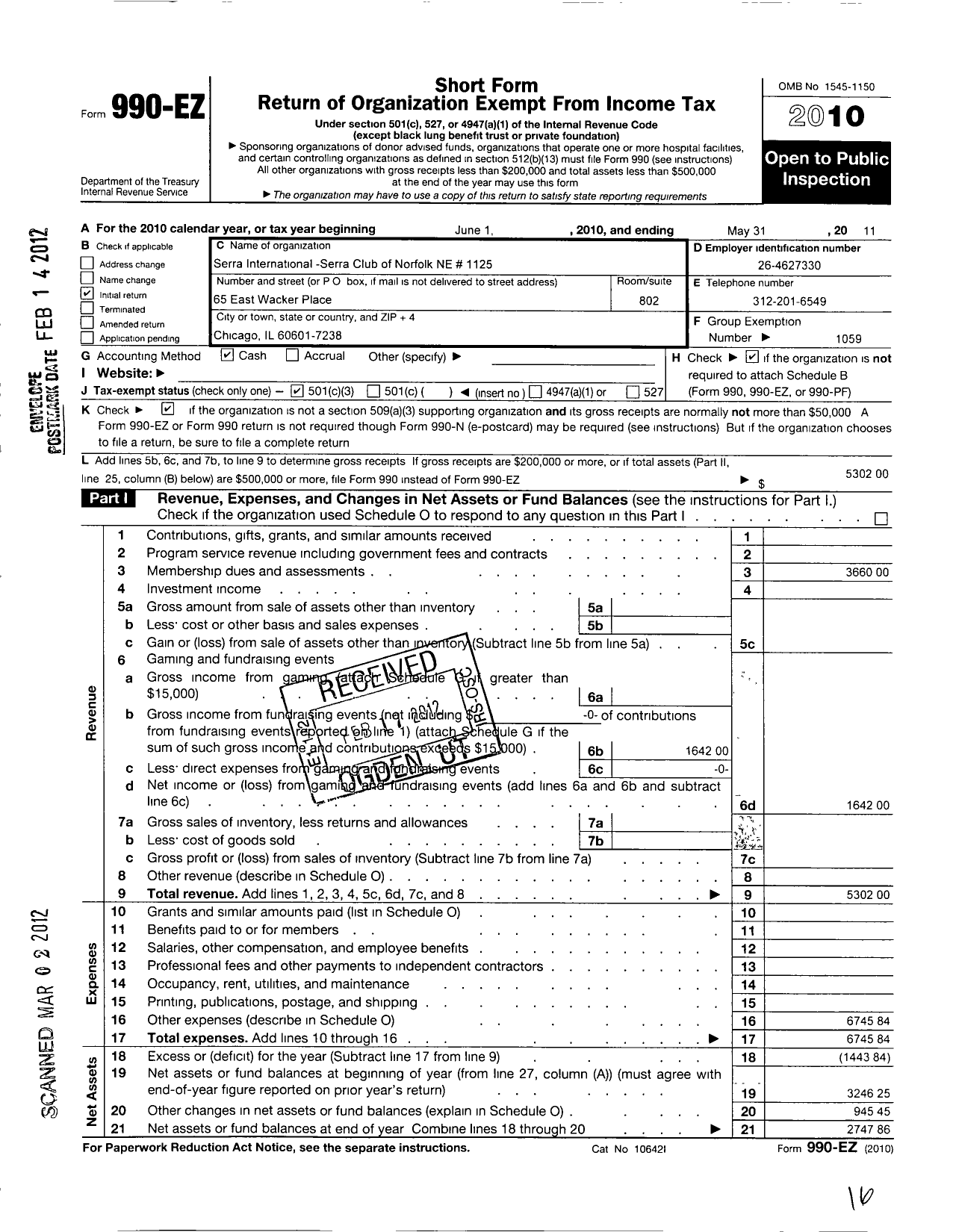 Image of first page of 2010 Form 990EZ for Serra International - 1125 Norfolk Ne Serra Club