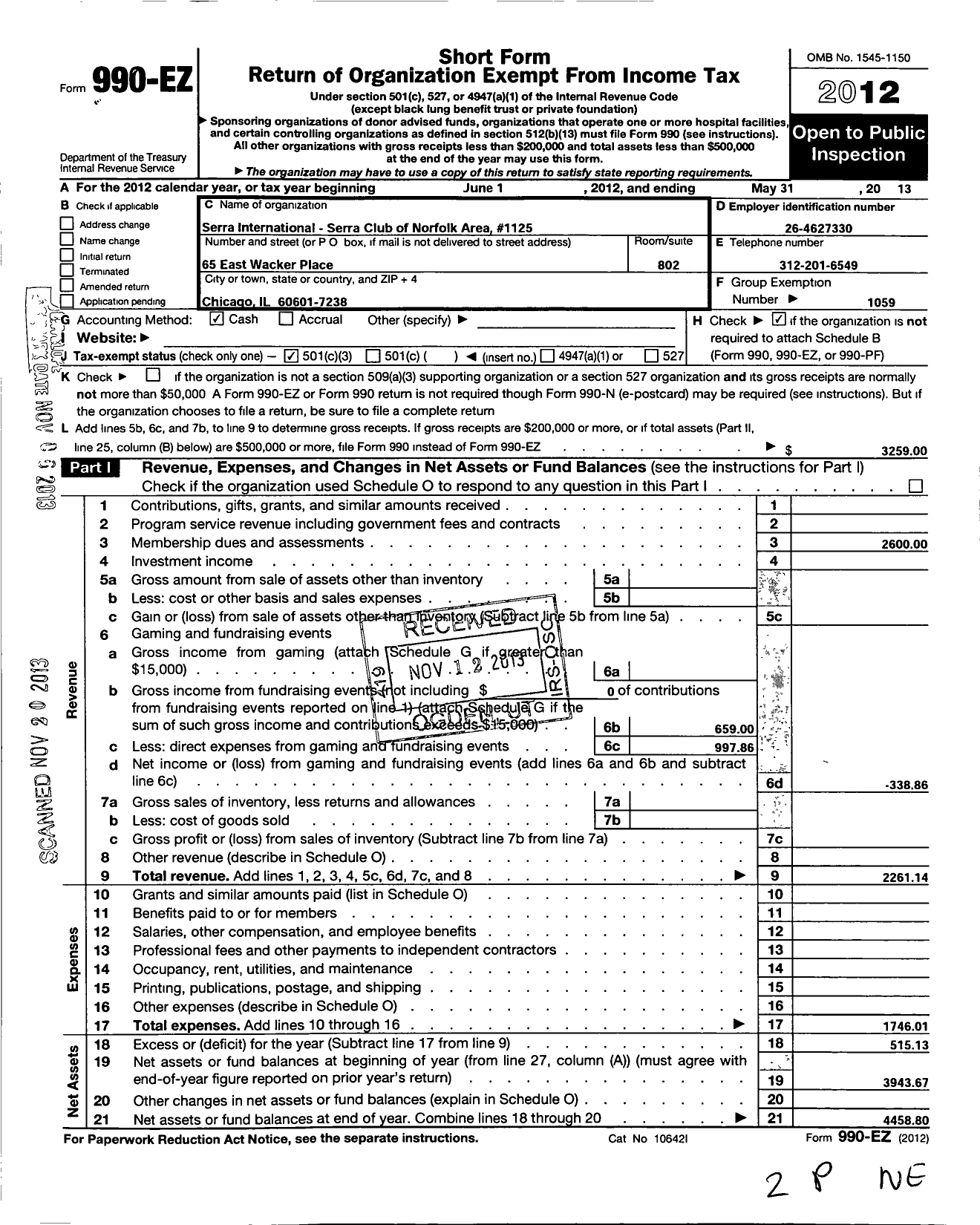 Image of first page of 2012 Form 990EZ for Serra International - 1125 Norfolk Ne Serra Club