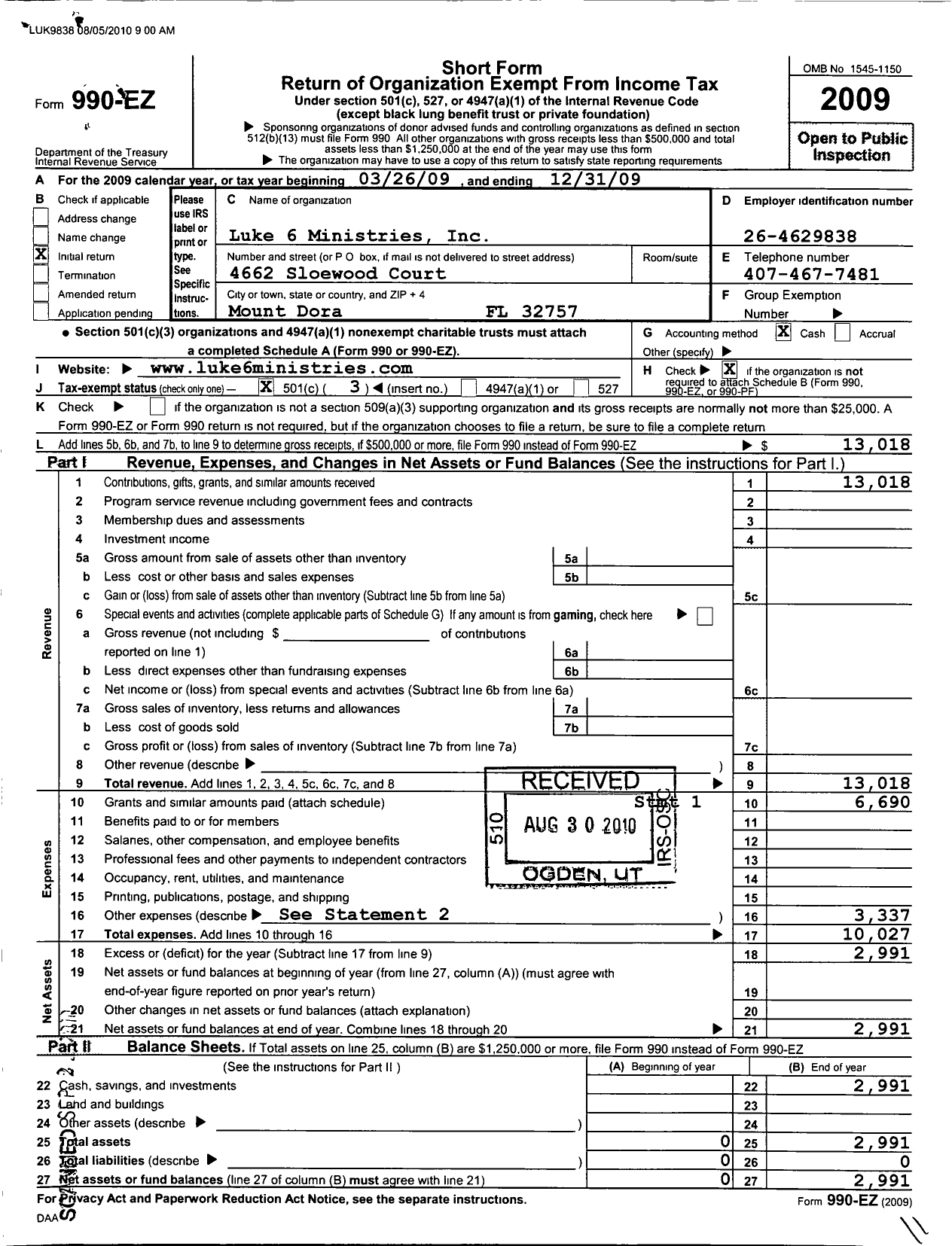 Image of first page of 2009 Form 990EZ for Luke 6 Ministries