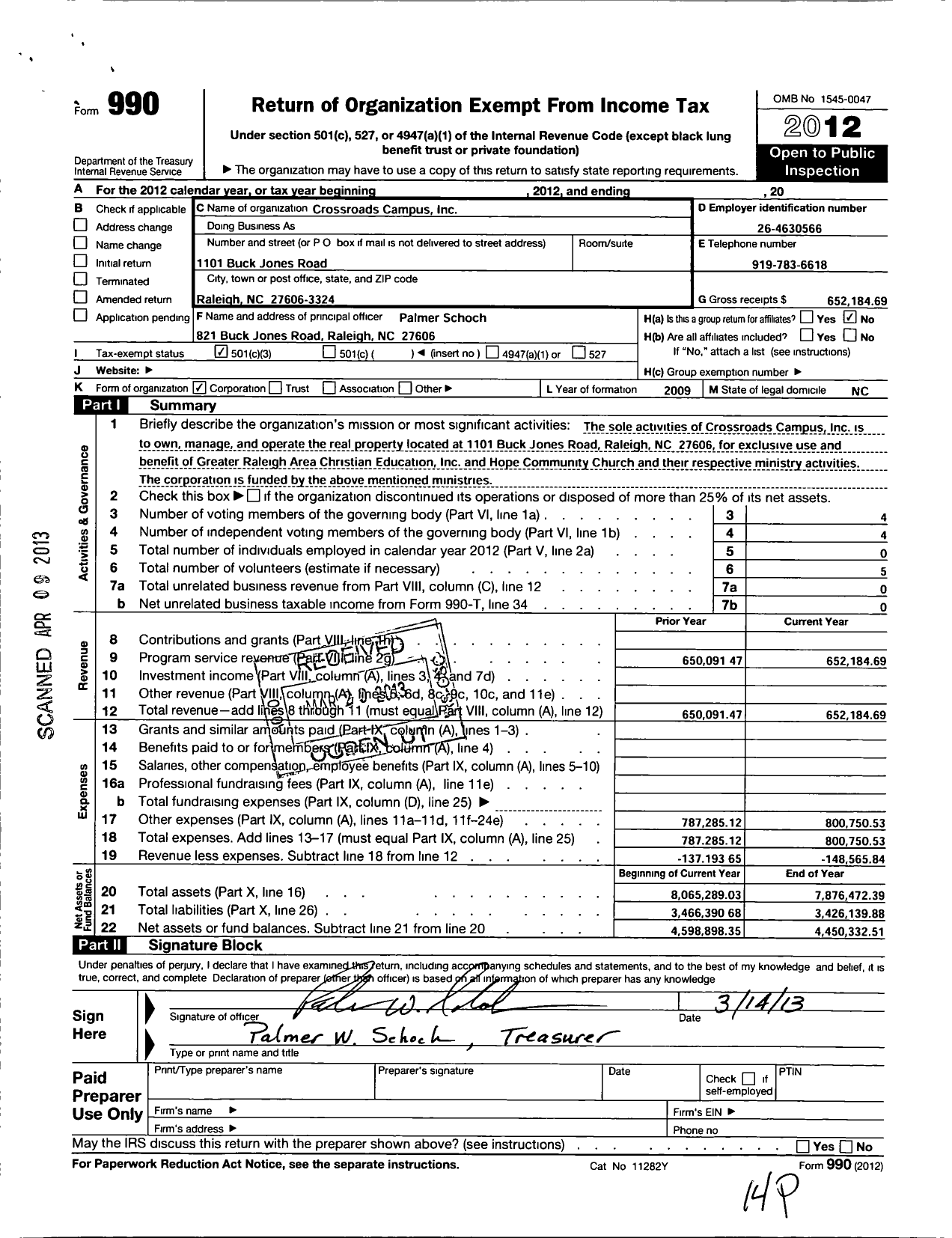 Image of first page of 2012 Form 990 for Crossroads Campus