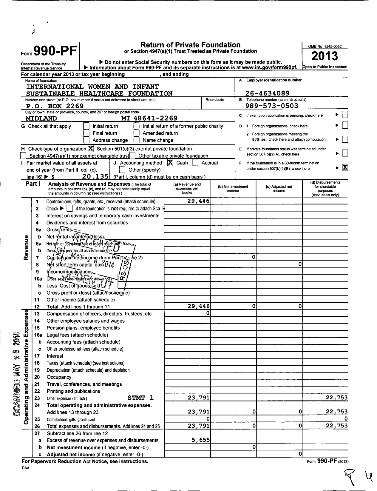 Image of first page of 2013 Form 990PF for International Women and Infant Sustainable Healthcare Foundation