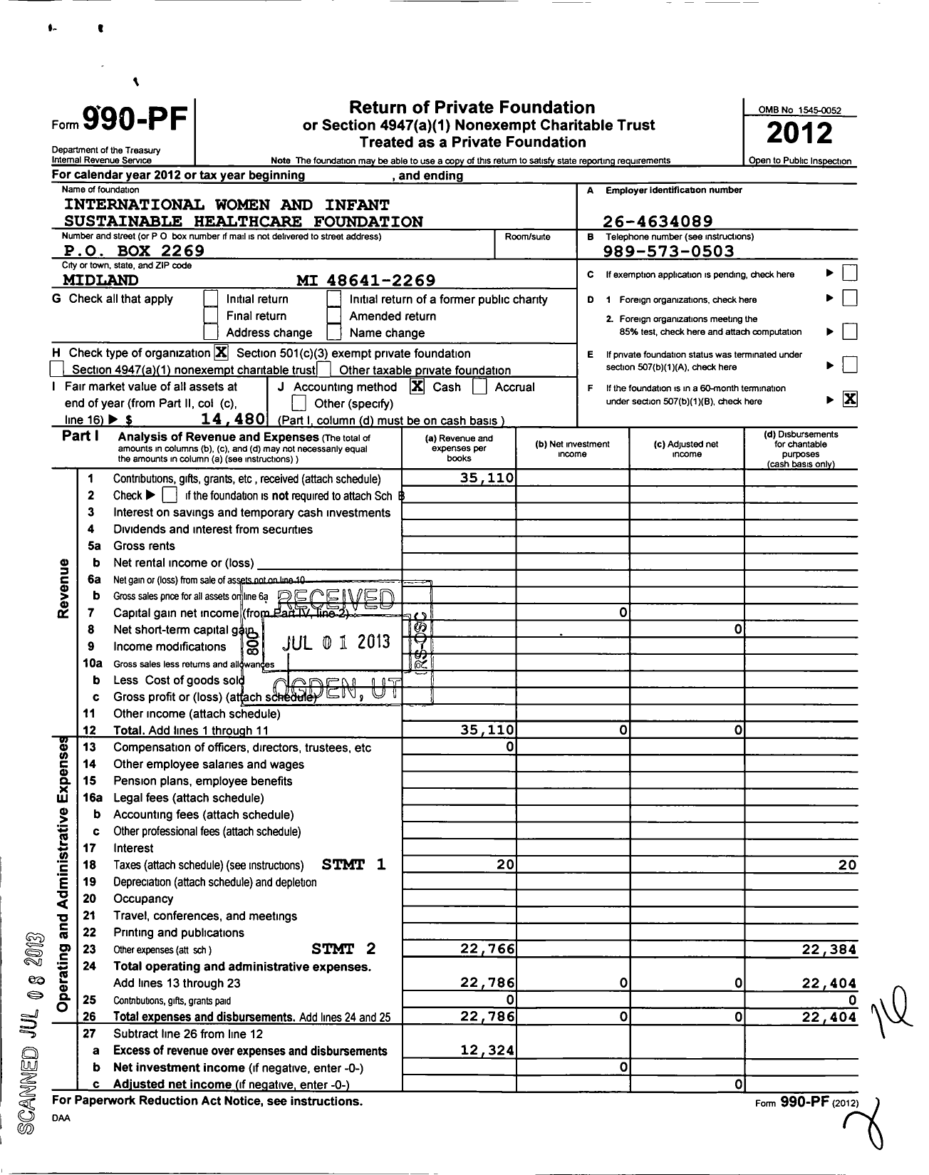 Image of first page of 2012 Form 990PF for International Women and Infant Sustainable Healthcare Foundation