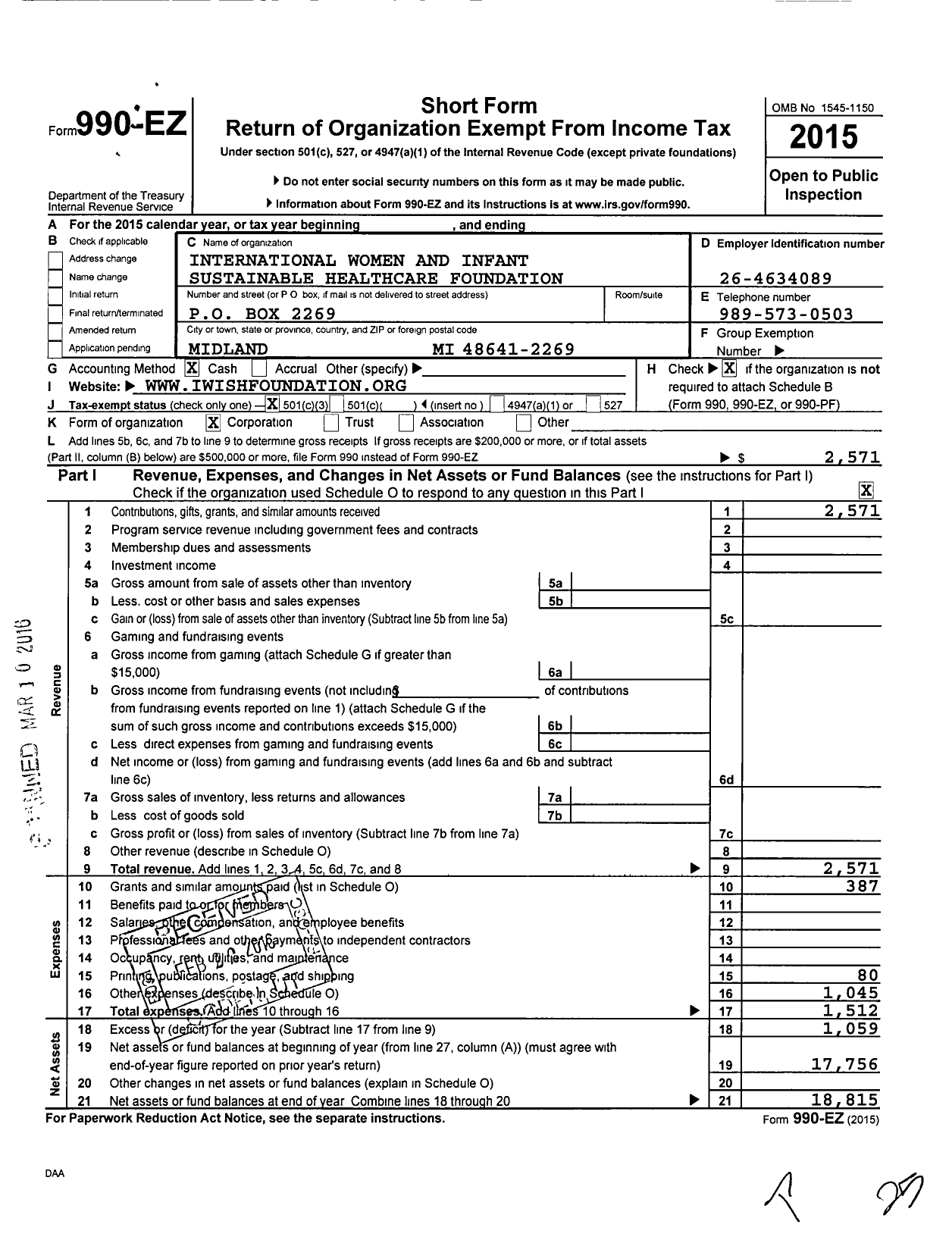 Image of first page of 2015 Form 990EZ for International Women and Infant Sustainable Healthcare Foundation