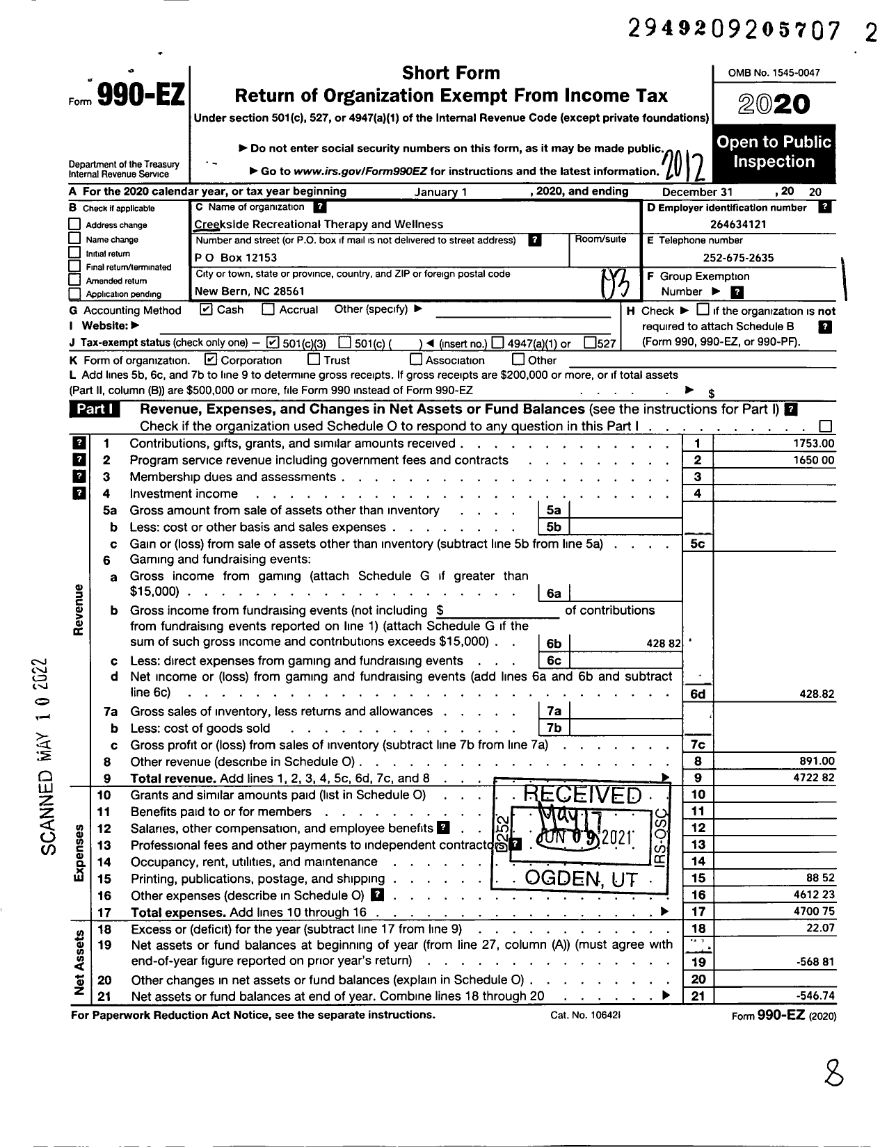 Image of first page of 2020 Form 990EZ for Creekside Recreational Therapy and Wellness