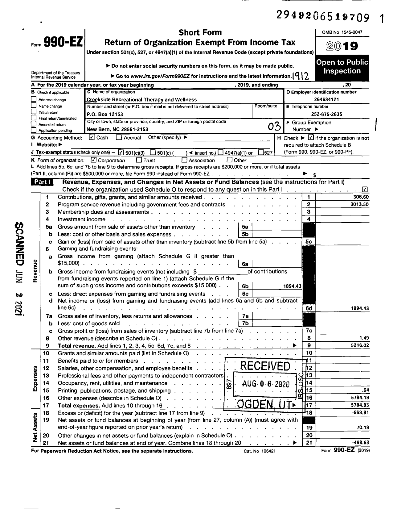 Image of first page of 2019 Form 990EZ for Creekside Recreational Therapy and Wellness