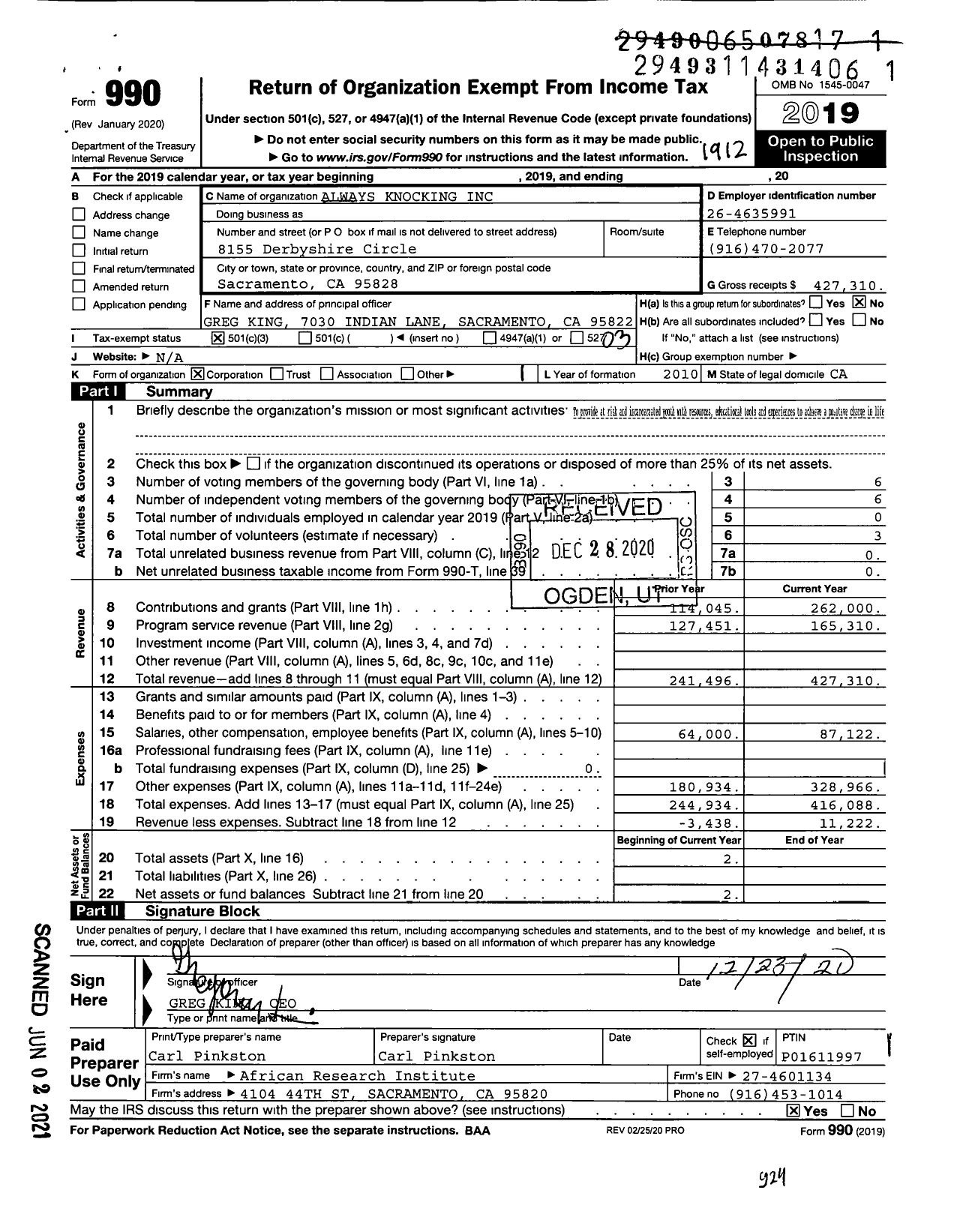 Image of first page of 2019 Form 990 for Always Knocking