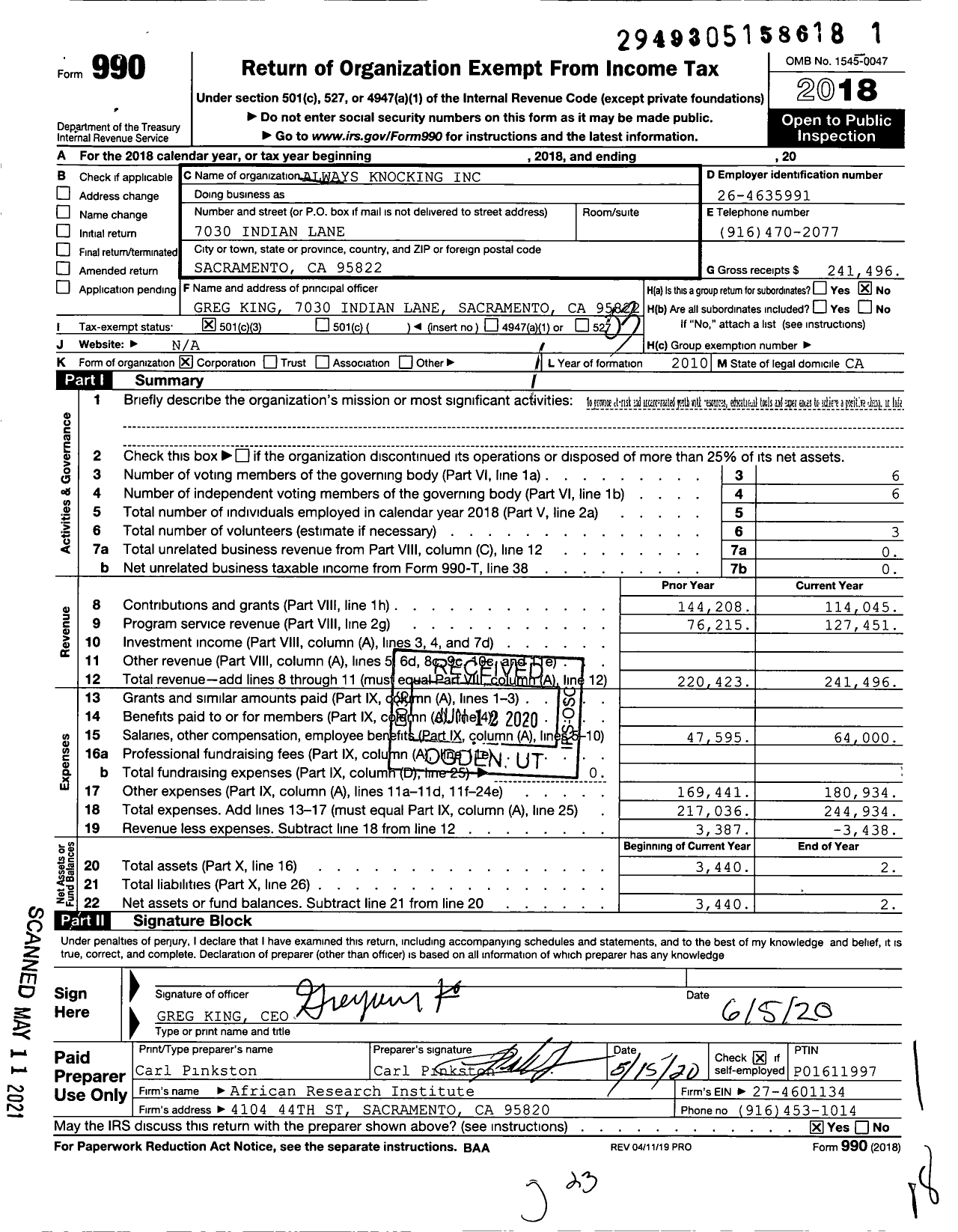 Image of first page of 2018 Form 990 for Always Knocking