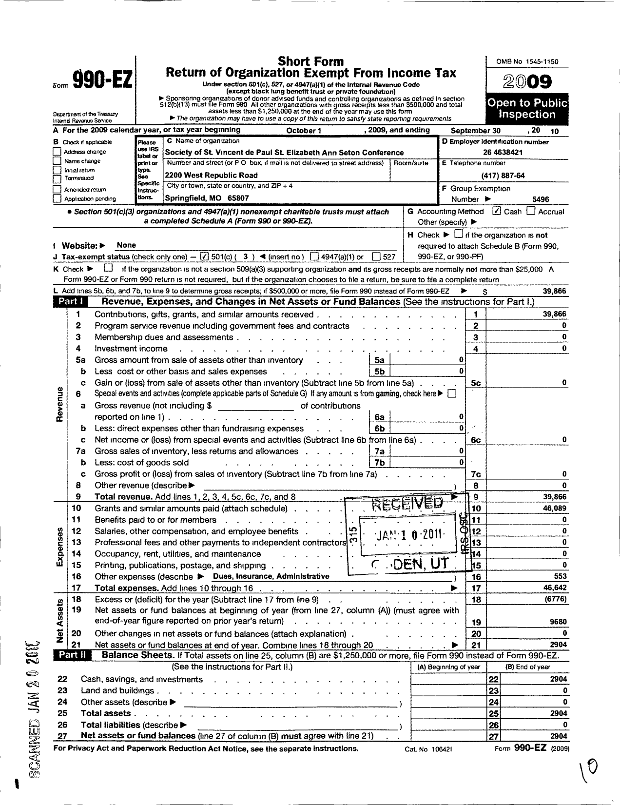 Image of first page of 2009 Form 990EZ for St Elizabeth Ann Seaton St Vincent de Paul Conference