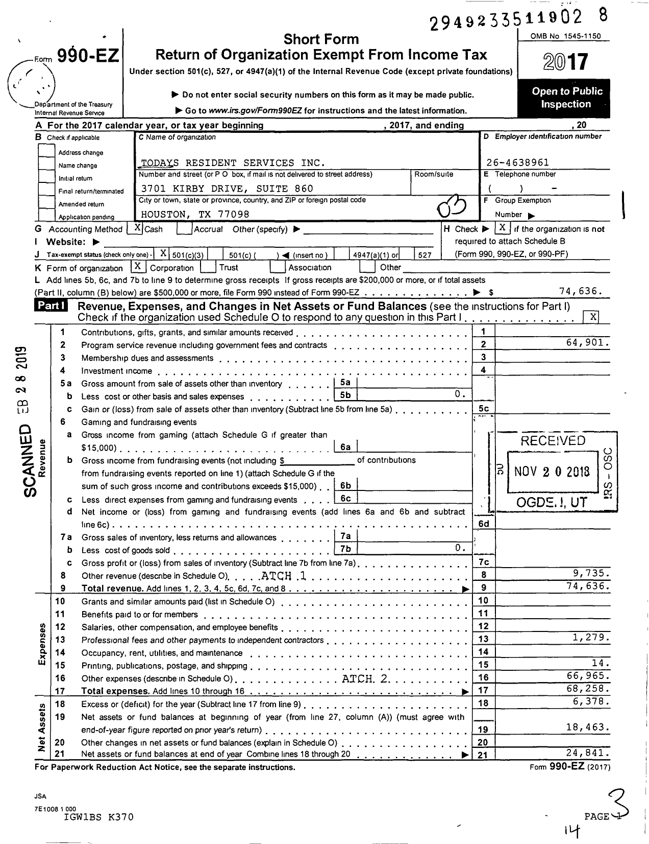 Image of first page of 2017 Form 990EZ for Todays Resident Services