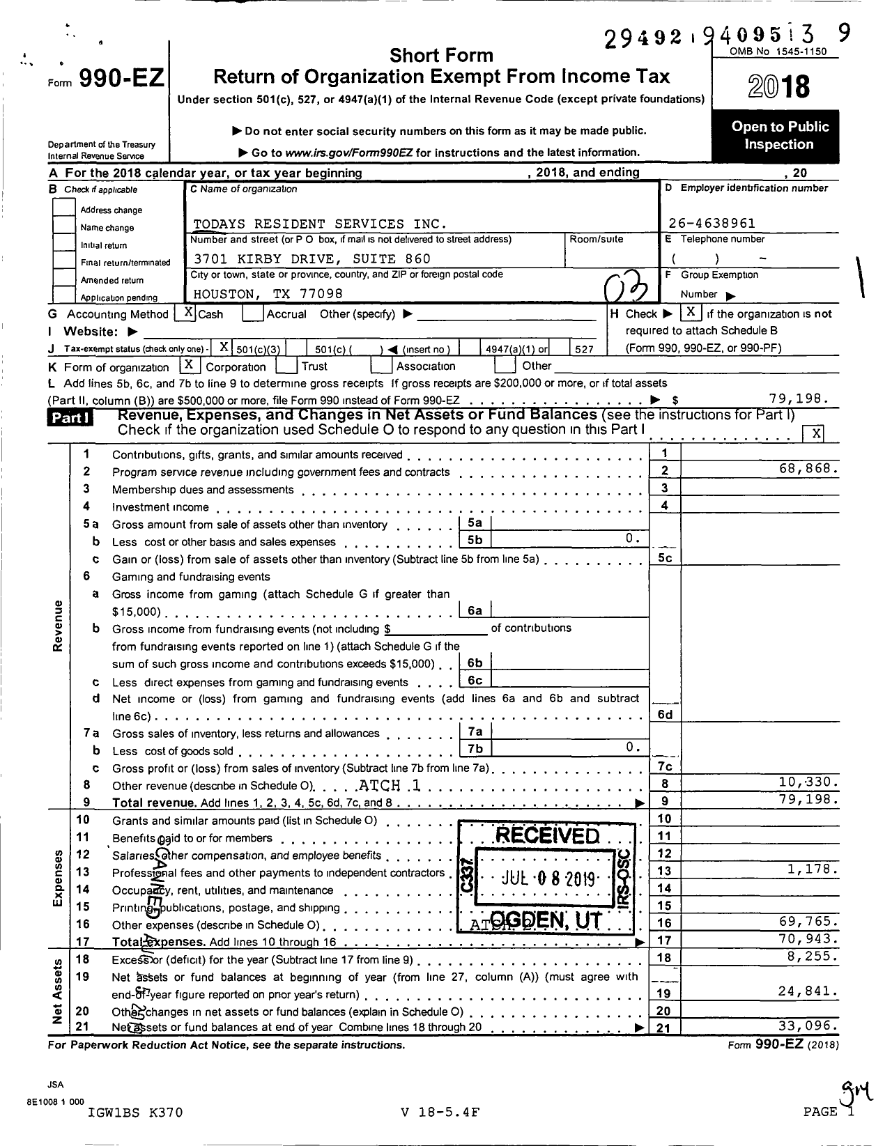 Image of first page of 2018 Form 990EZ for Todays Resident Services