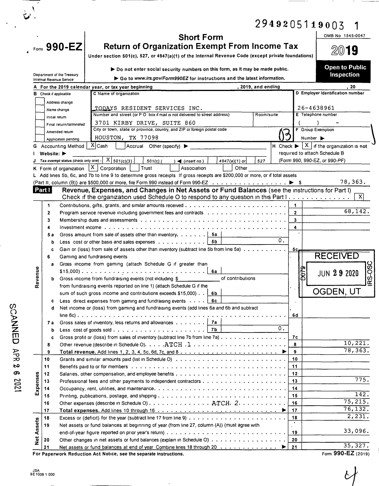 Image of first page of 2019 Form 990EZ for Todays Resident Services