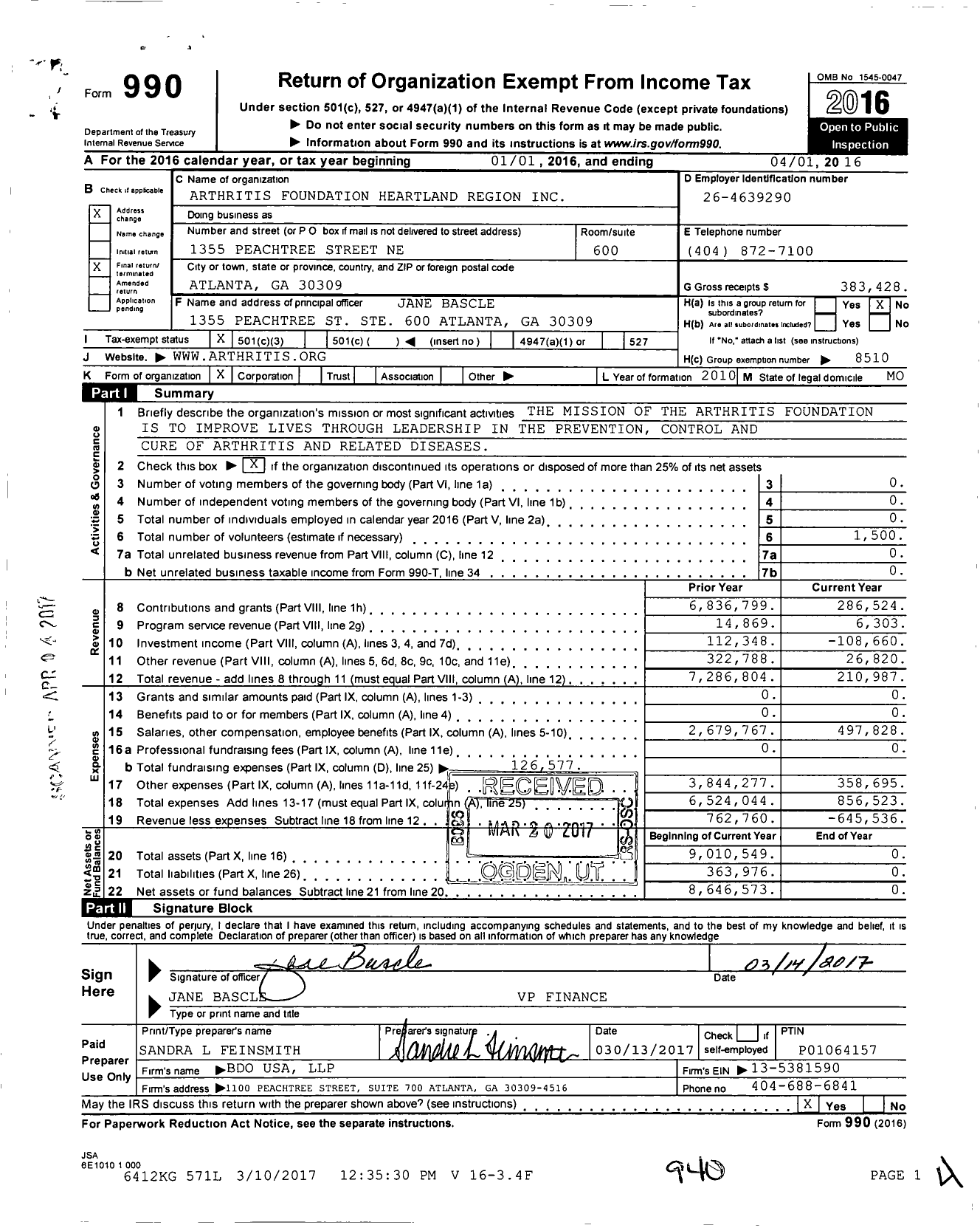 Image of first page of 2015 Form 990 for Chicagoland Arthritis Foundation