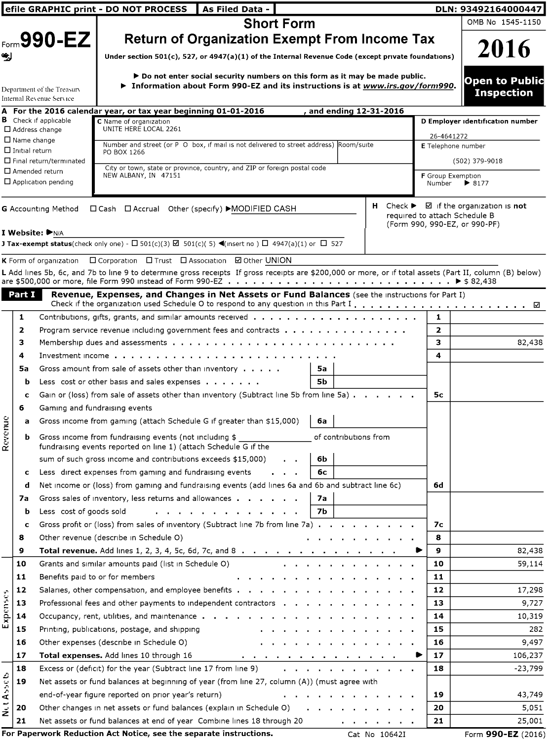 Image of first page of 2016 Form 990EO for Unite Here - 2261 Local