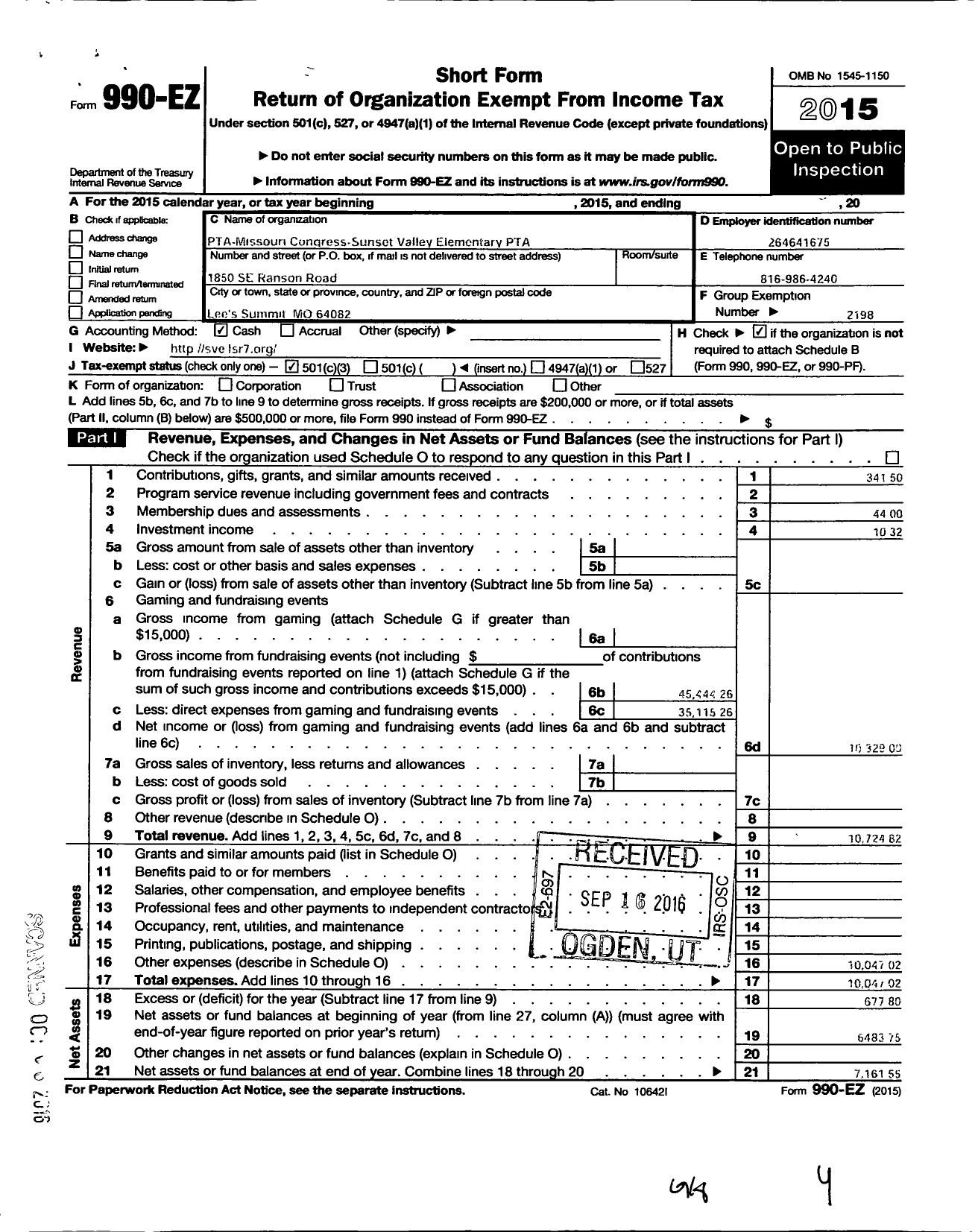 Image of first page of 2015 Form 990EZ for PTA Missouri Congress / Sunset Valley Elementary PTA