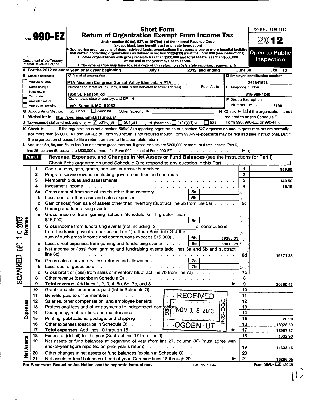 Image of first page of 2012 Form 990EZ for PTA Missouri Congress / Sunset Valley Elementary PTA