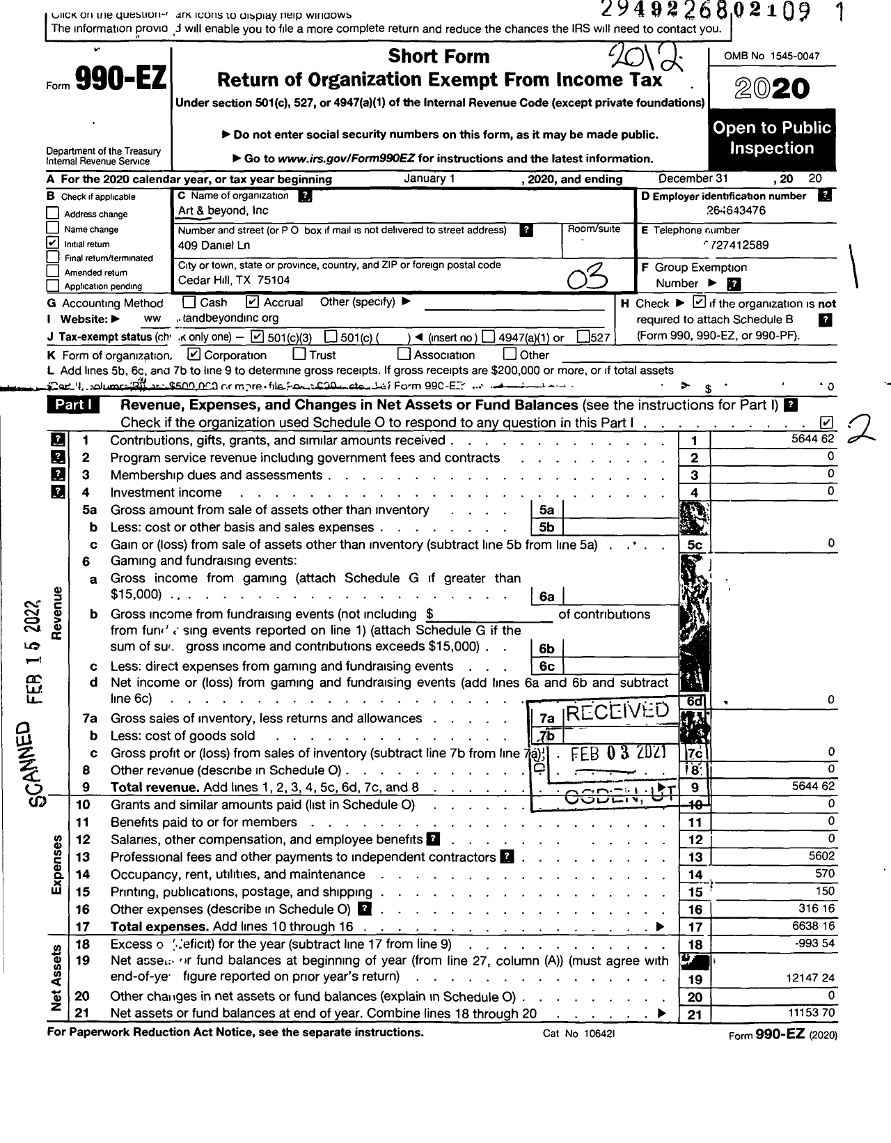 Image of first page of 2020 Form 990EZ for Art and Beyond