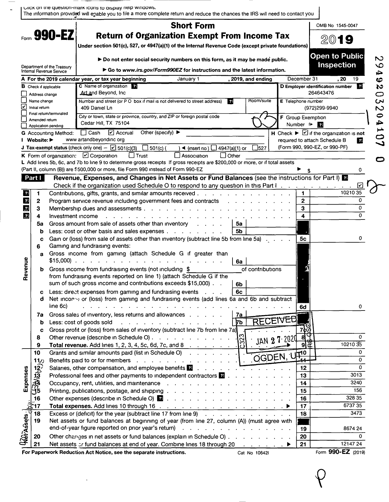 Image of first page of 2019 Form 990EZ for Art and Beyond