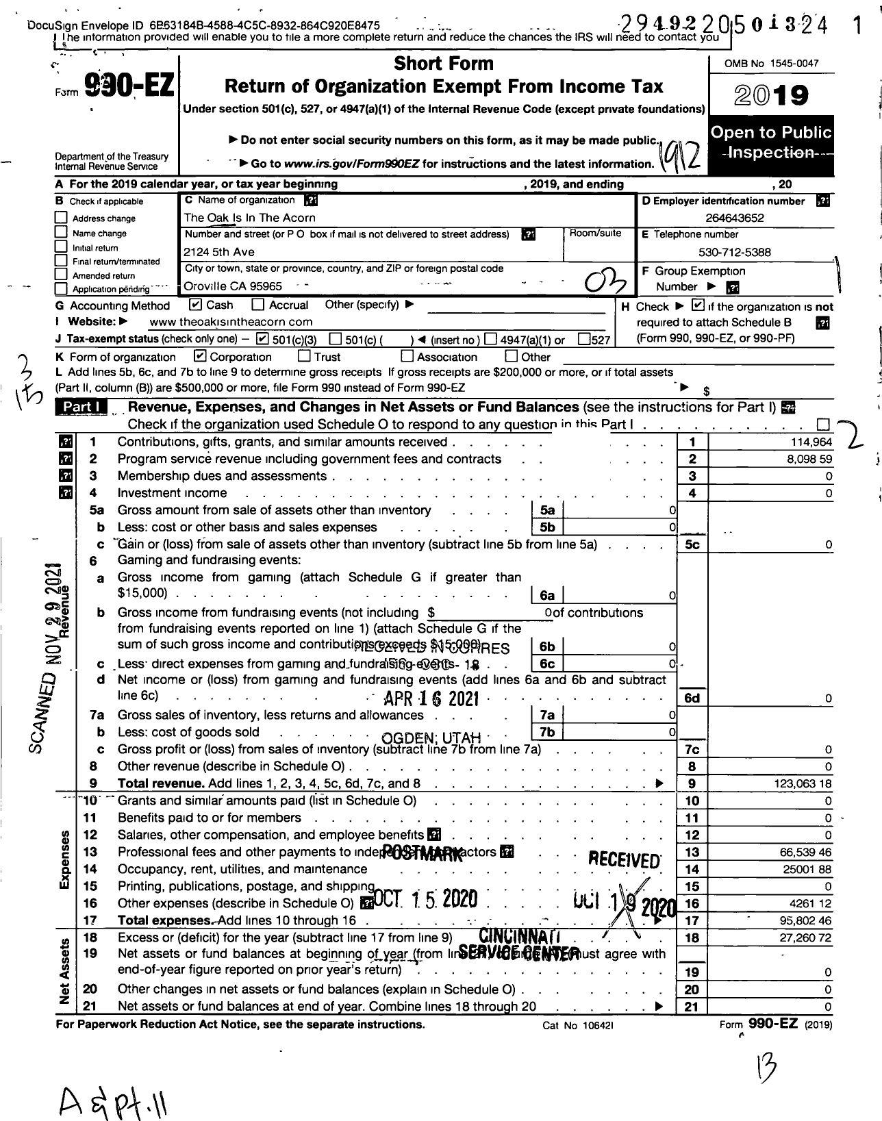 Image of first page of 2019 Form 990EZ for Oak Is in the Acorn