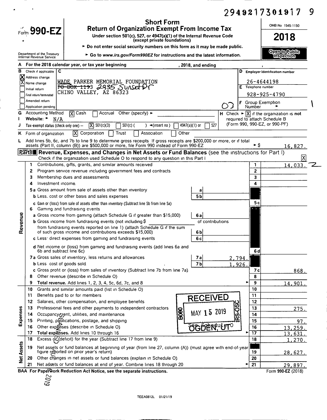 Image of first page of 2018 Form 990EZ for Wade Parker Memorial Foundation