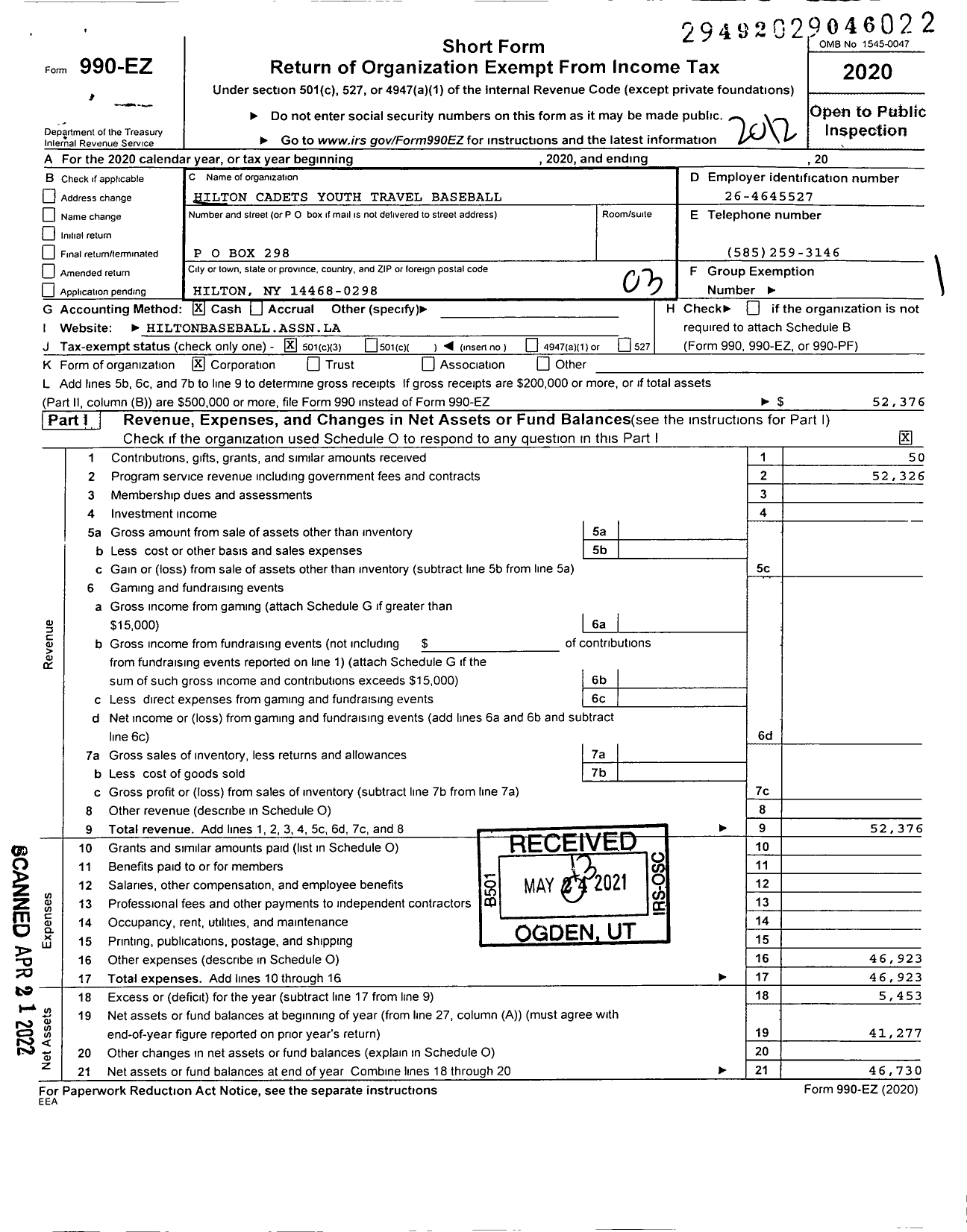 Image of first page of 2020 Form 990EZ for Hilton Cadets Youth Travel Baseball