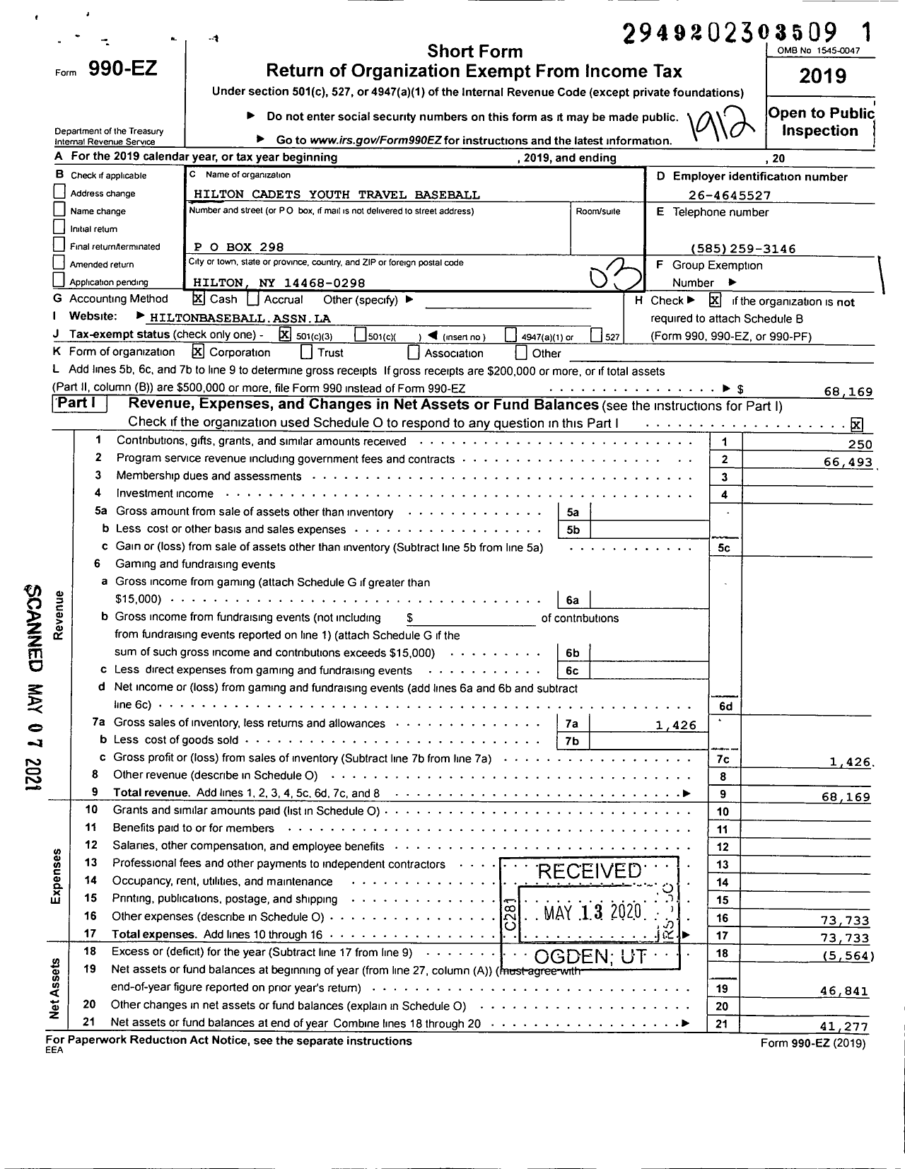 Image of first page of 2019 Form 990EZ for Hilton Cadets Youth Travel Baseball