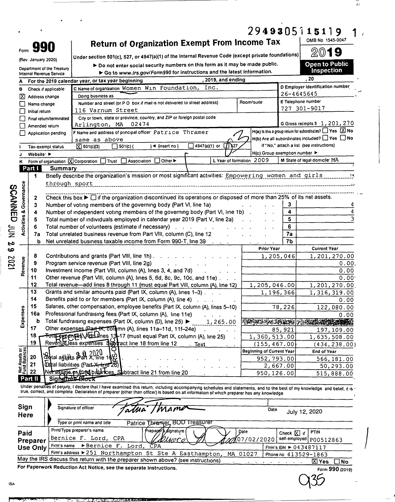 Image of first page of 2019 Form 990 for Women Win Foundation