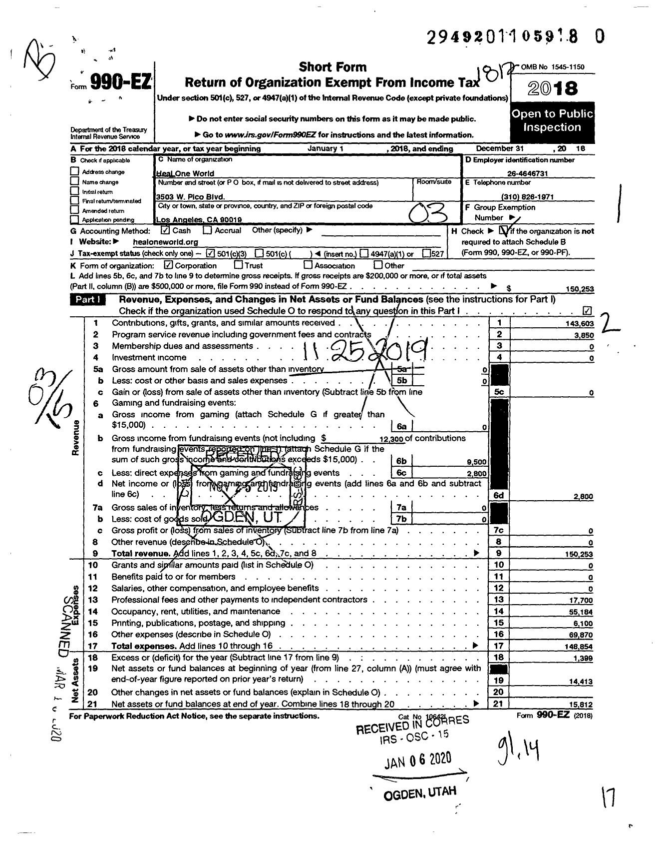 Image of first page of 2018 Form 990EZ for Heal One World