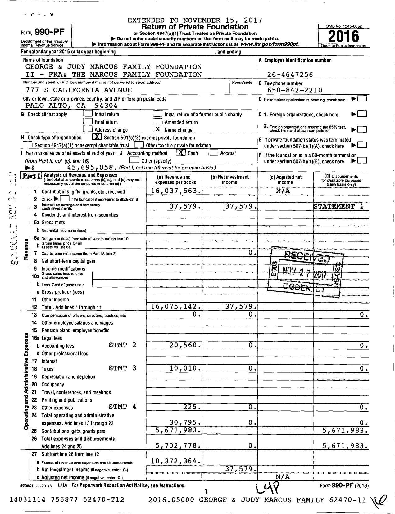 Image of first page of 2016 Form 990PF for The George and Judy Marcus Family Foundation Ii