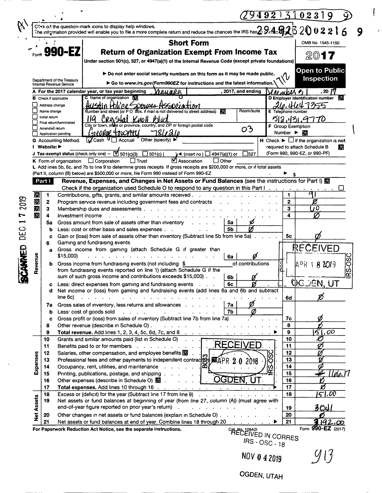 Image of first page of 2017 Form 990EZ for Austin Police Spouses Association