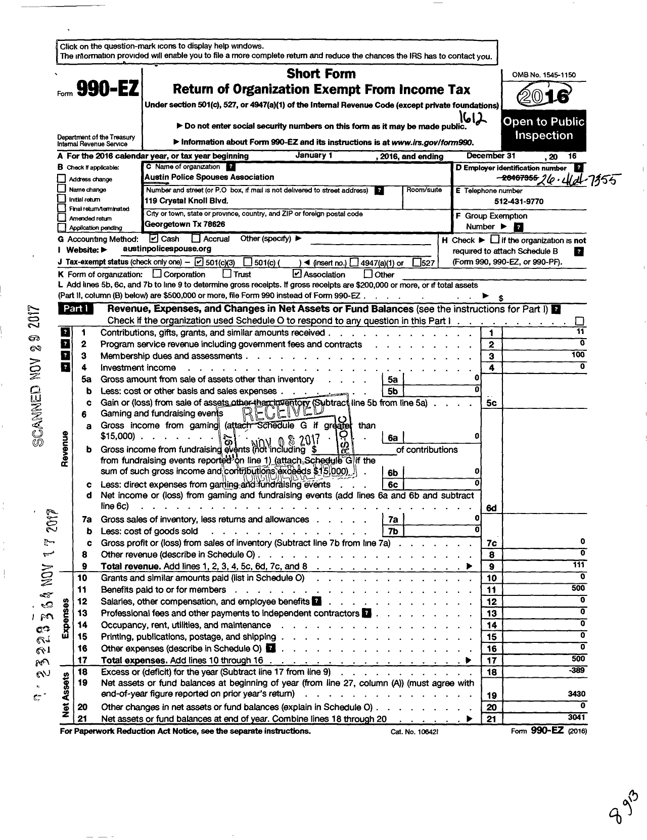 Image of first page of 2016 Form 990EZ for Austin Police Spouses Association