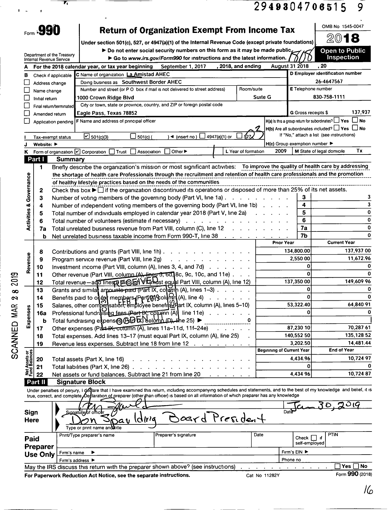 Image of first page of 2017 Form 990 for La Amistad AHEC