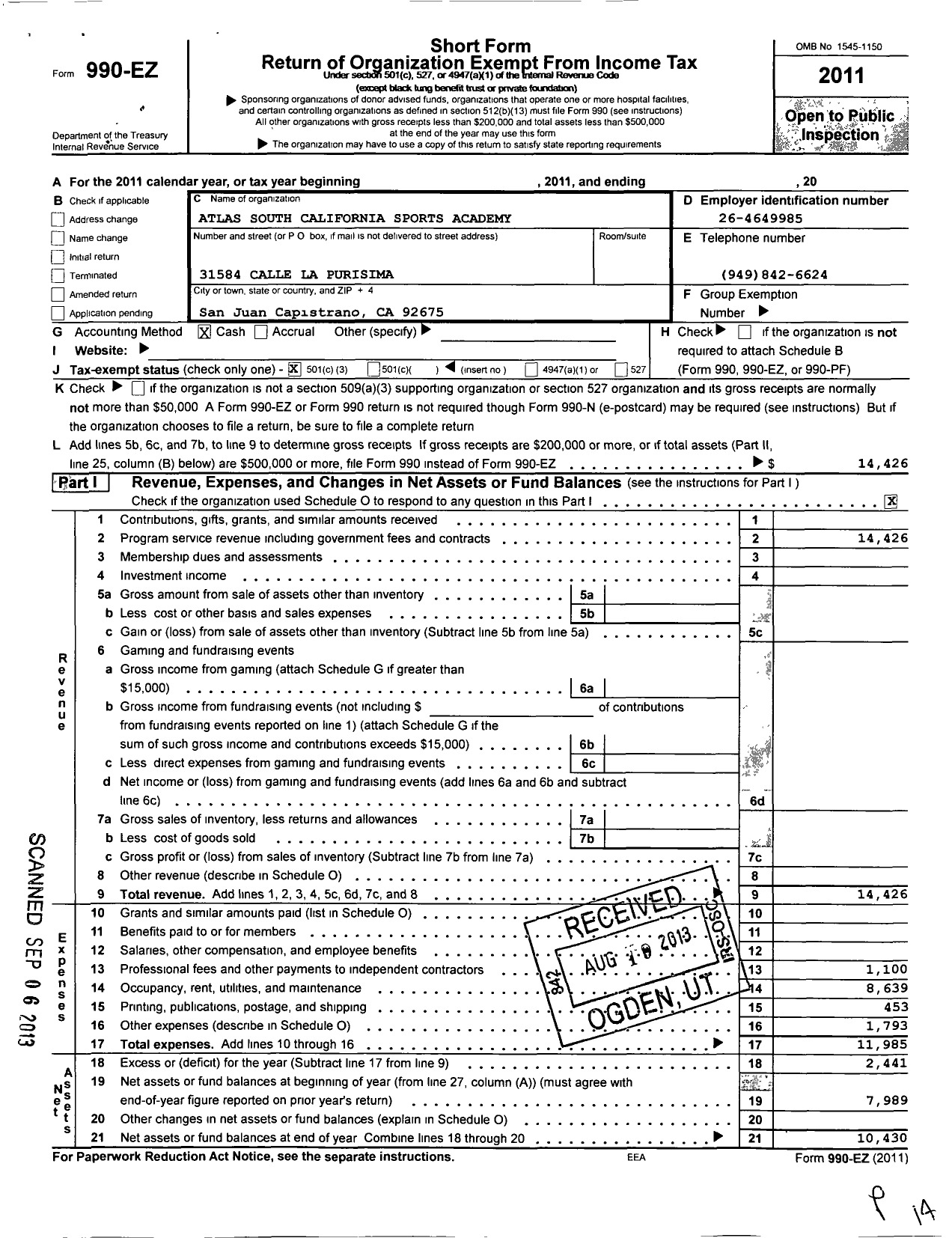 Image of first page of 2011 Form 990EZ for Atlas South Cailifornia Sports Acadeny