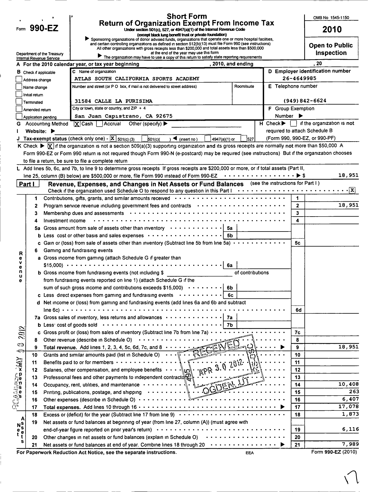 Image of first page of 2010 Form 990EZ for Atlas South Cailifornia Sports Acadeny