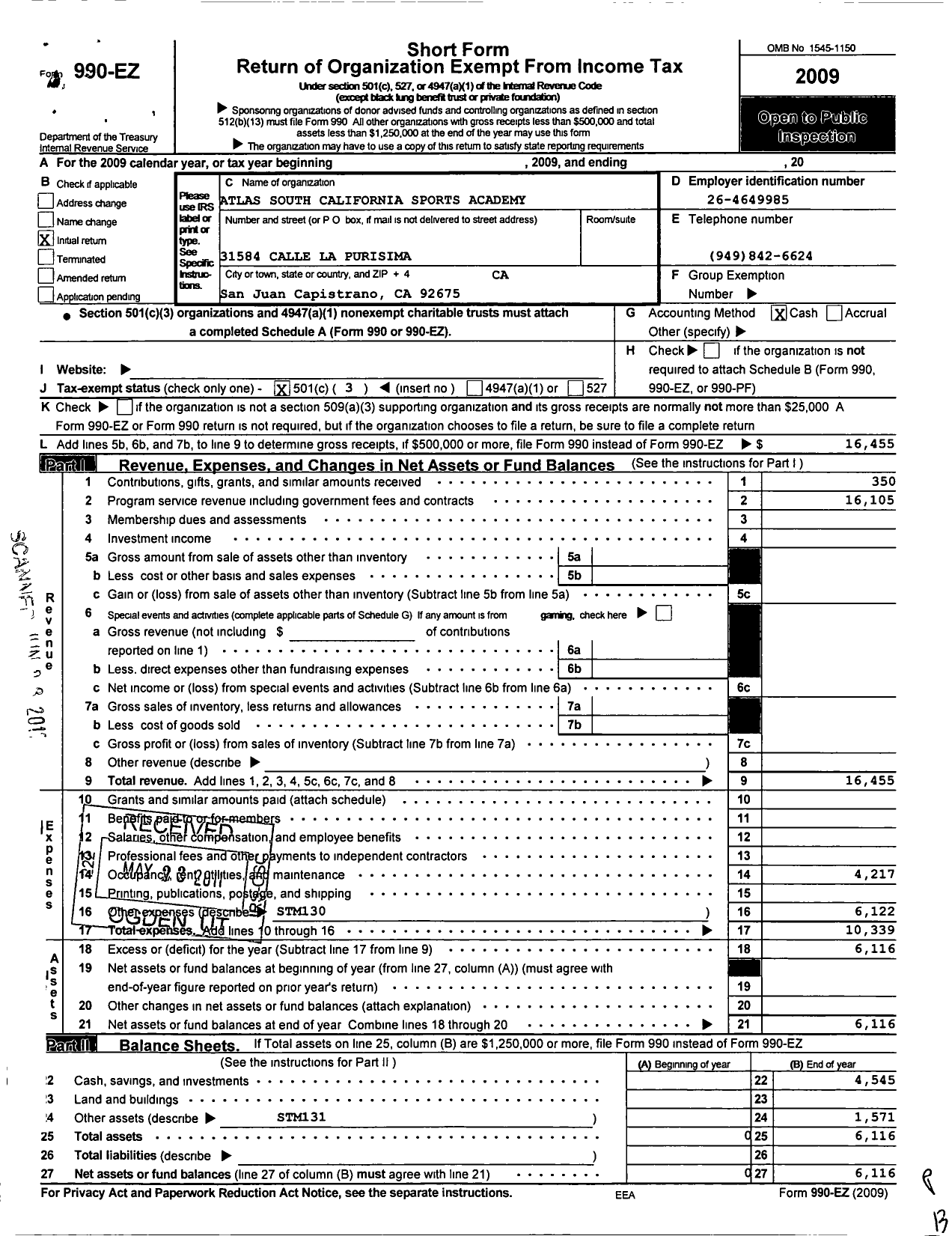 Image of first page of 2009 Form 990EZ for Atlas South Cailifornia Sports Acadeny